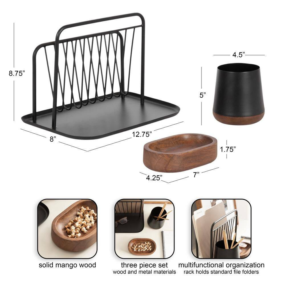 Koni Black/Walnut Brown 12 In. W X 5 In. H Rectangle Metal Desk Organizer