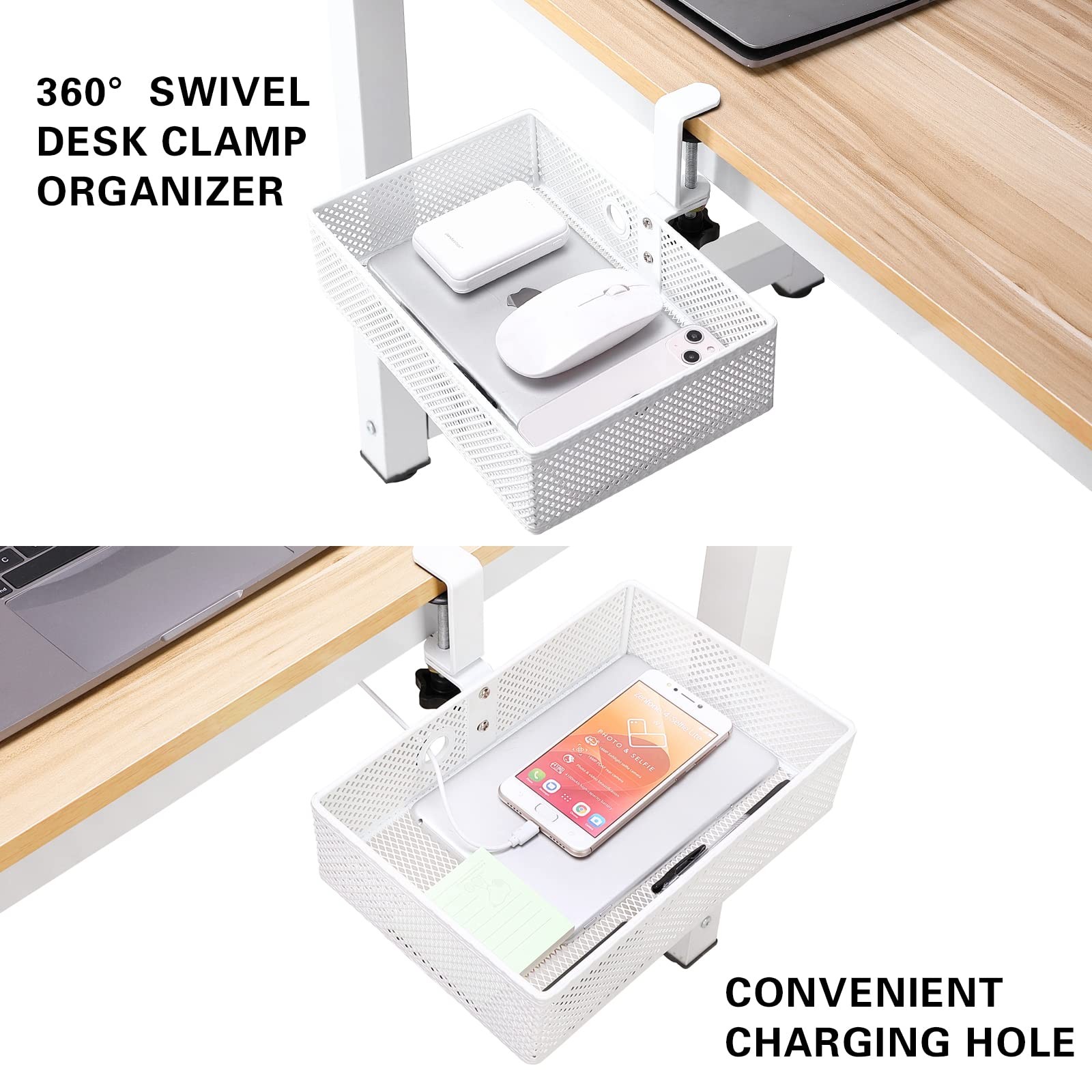 Clamp~On Mesh Desk Organizer with Swivel Pencil Drawer, White