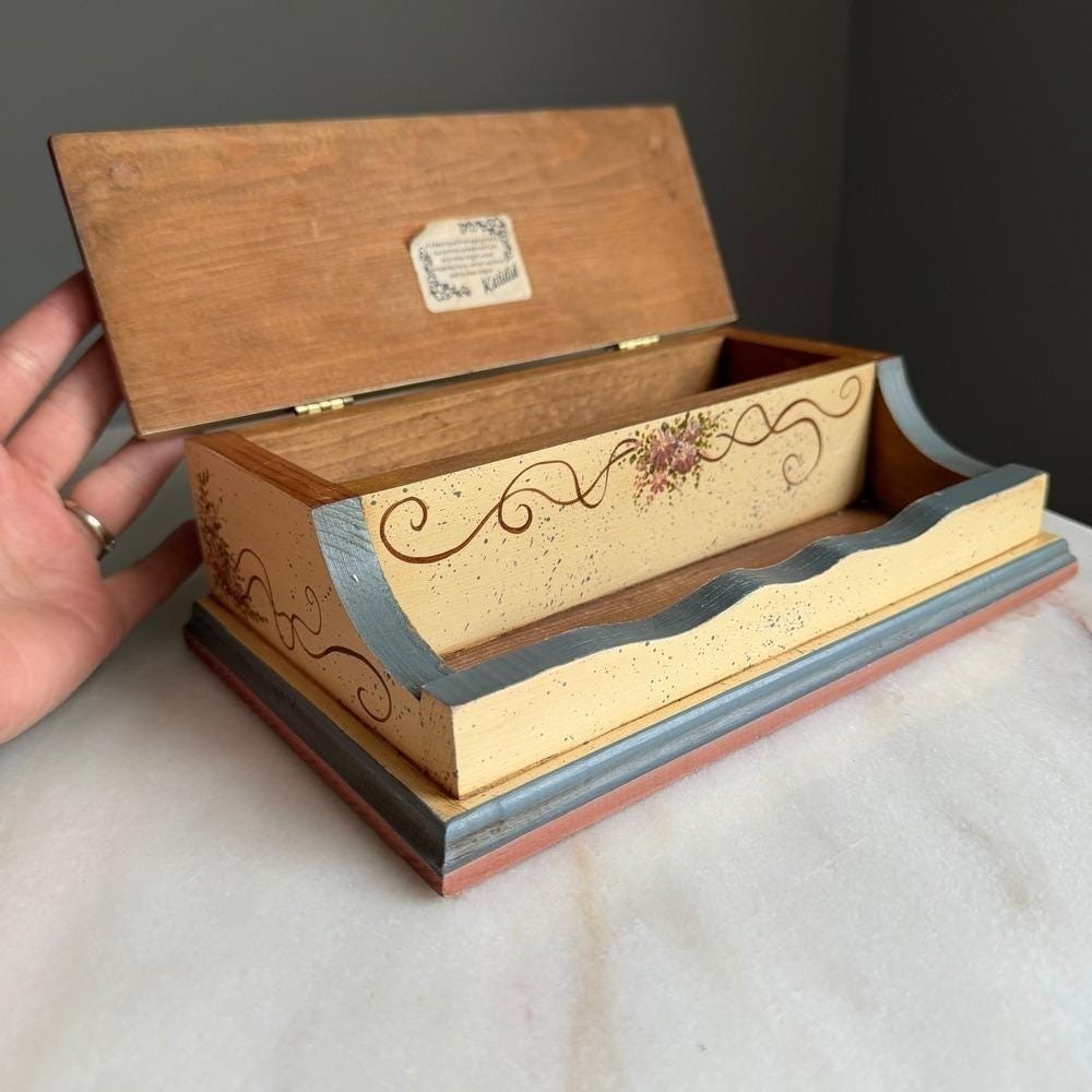 Vintage C Hawkins 1989 Hand Painted Wooden Desk Organizer Stationery Box Floral