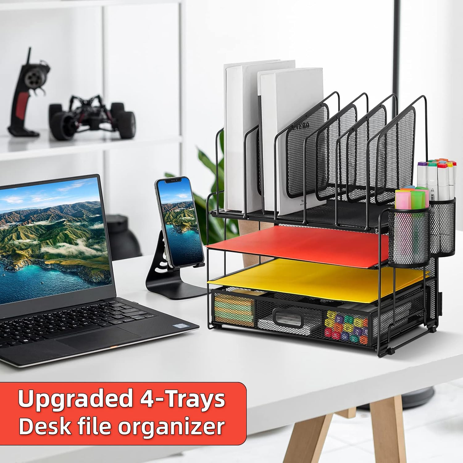 Desk Organizer with Drawer, 4-Tier Mesh File Organizer with 5 Vertical File Hold