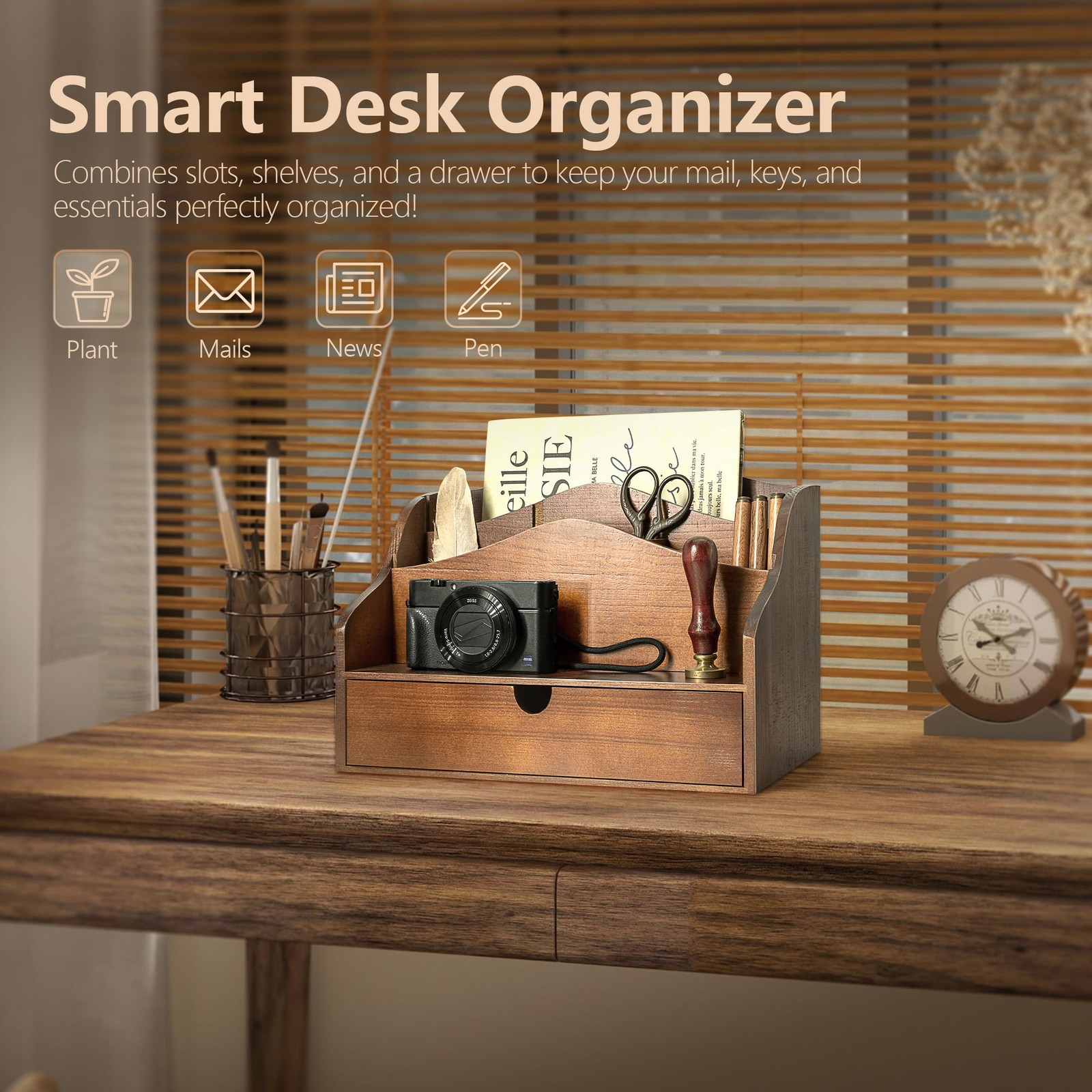 Pine Wood Mail Organizer for Desk Rustic Mail Sorter with Drawer & Dividers …