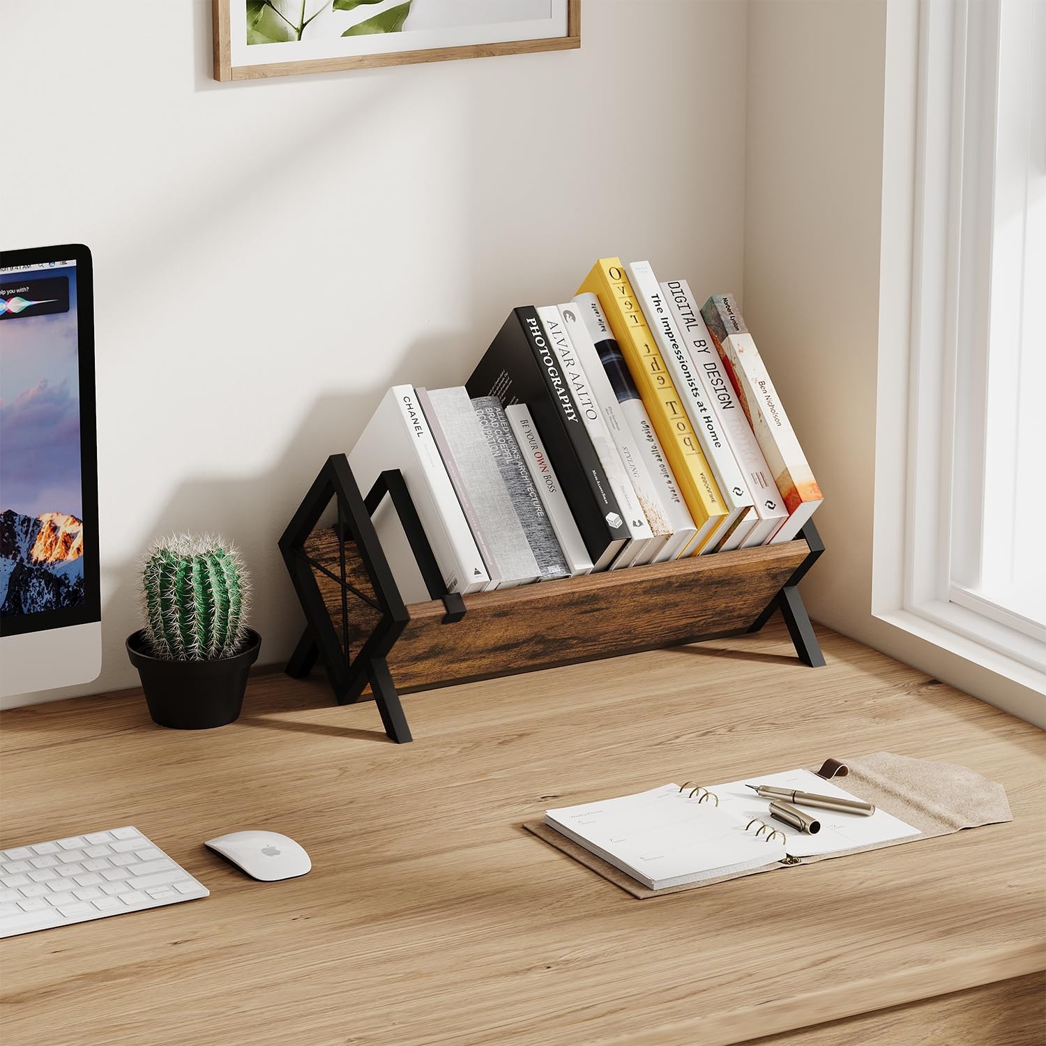YINMIT Wood Desktop Bookshelf, Retro Tabletop Desk Large,