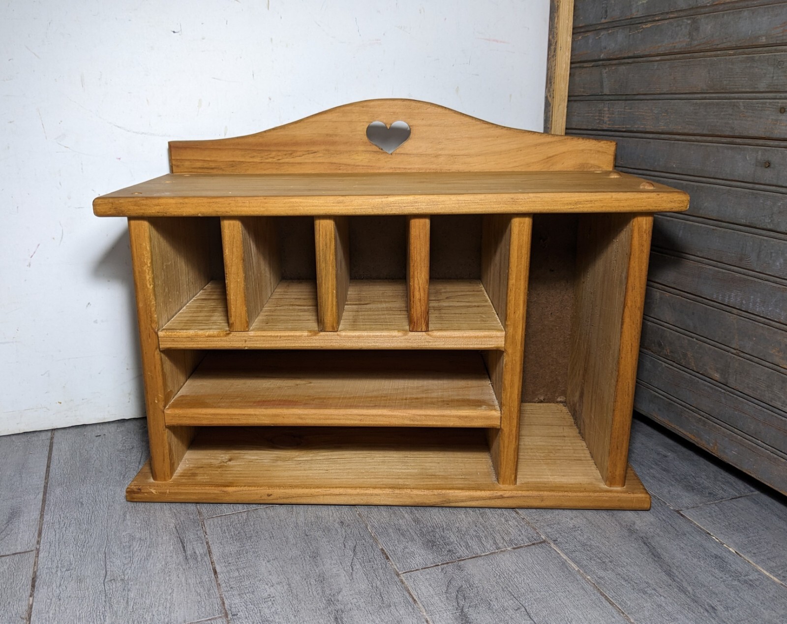Vintage Rustic Pine Wood Office Desk Letter Holder Mail Organizer Cabinet