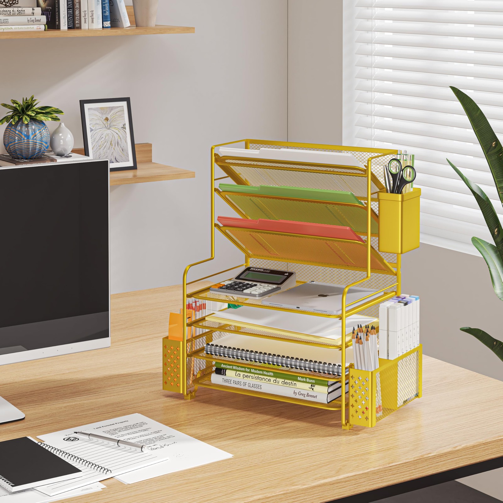 7 Tier Desk File Organizer, Gold Metal Mesh, 16.75″W x 8.75″D x 16.75″H – Space