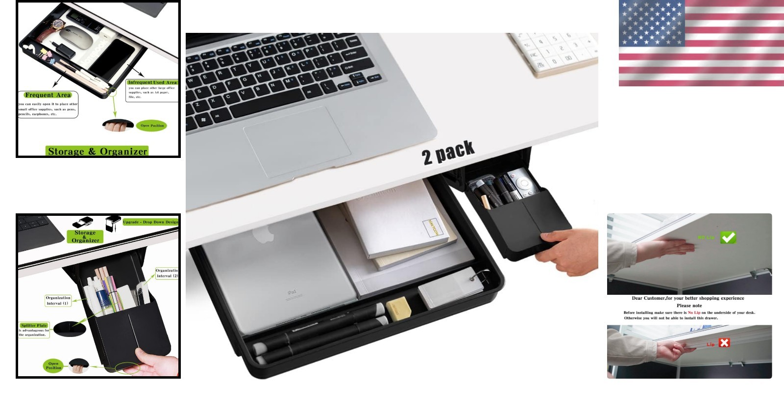 Black Under Desk Organizer – Large & Small Drawers, Adhesive/Screw Installation