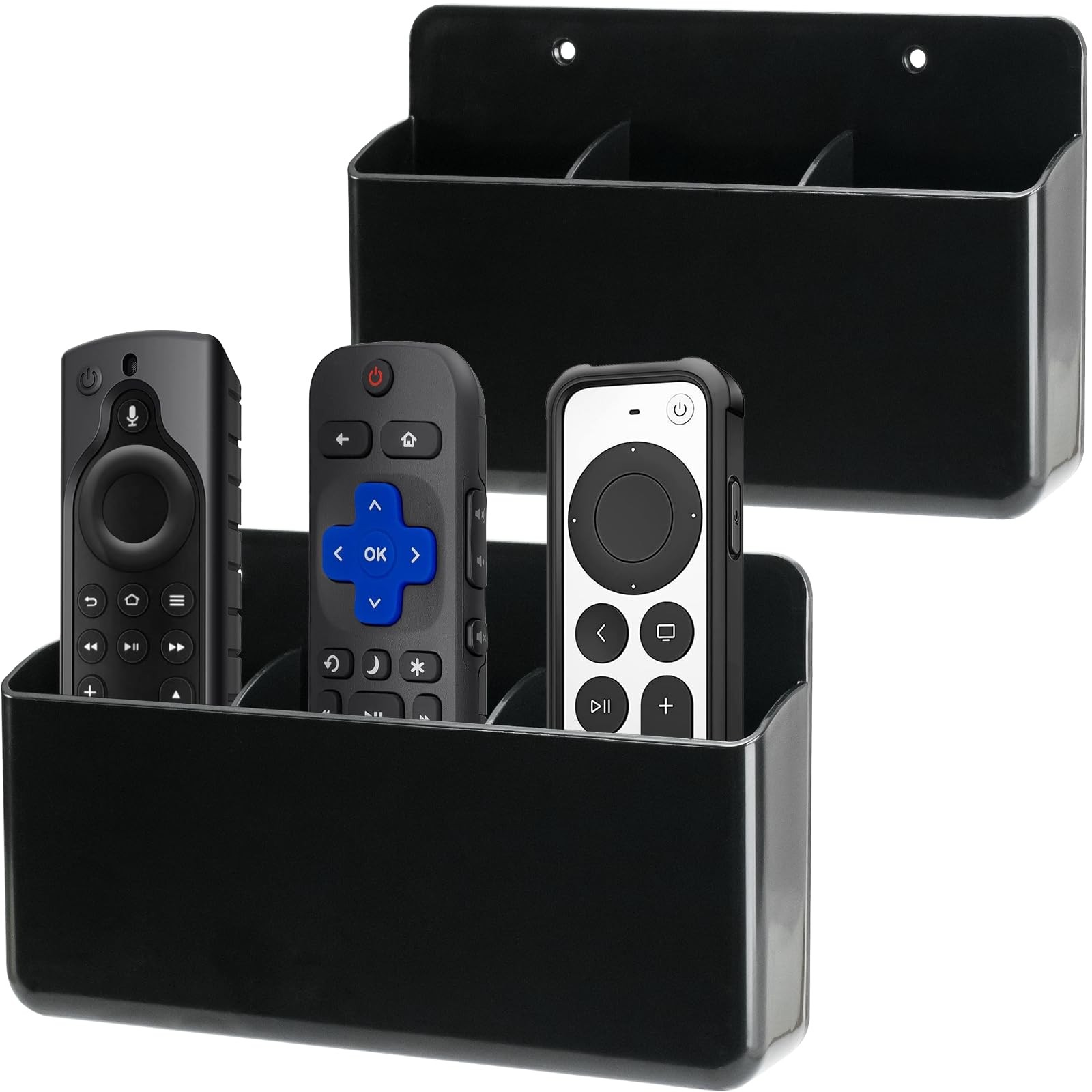 2 PCS Black Remote Control Organizer 3 Slot Wall Mount Self Adhesive For TV