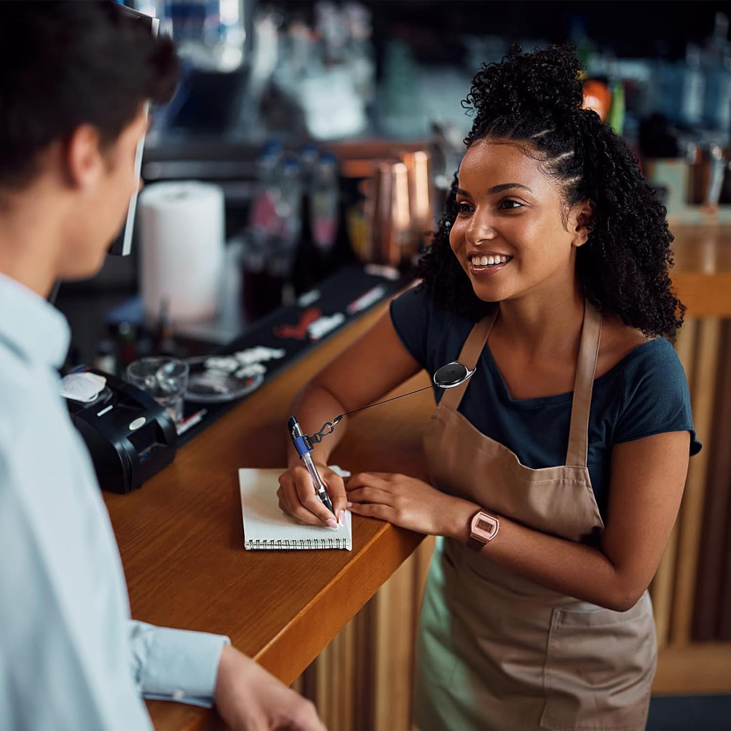 Likesing 4 Black Retractable Pen Holder, 27.5″ Reel Elastic Pen Leash Retractabl
