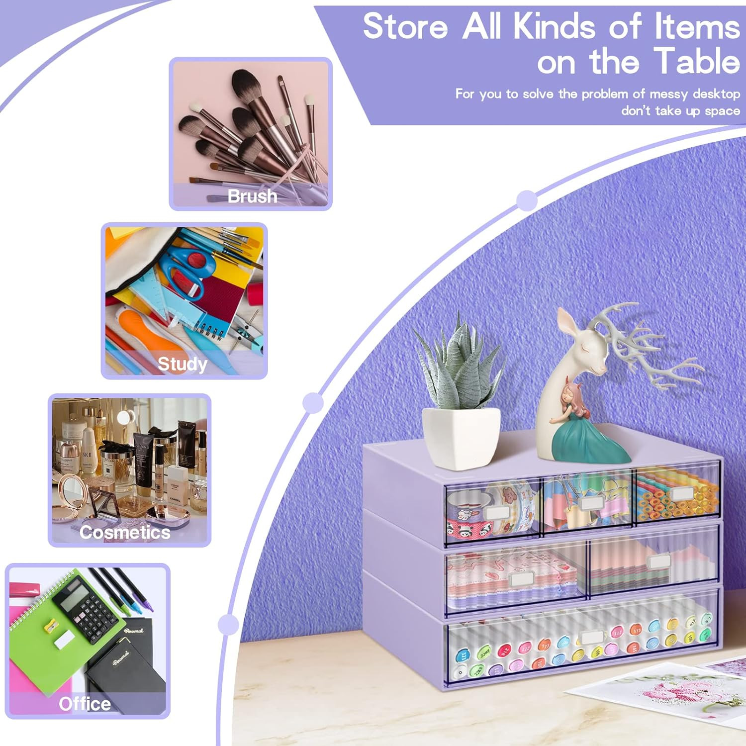 3 Tier Stackable Desk Organizer with 6 Drawers, Plastic Desktop Storage Box Draw