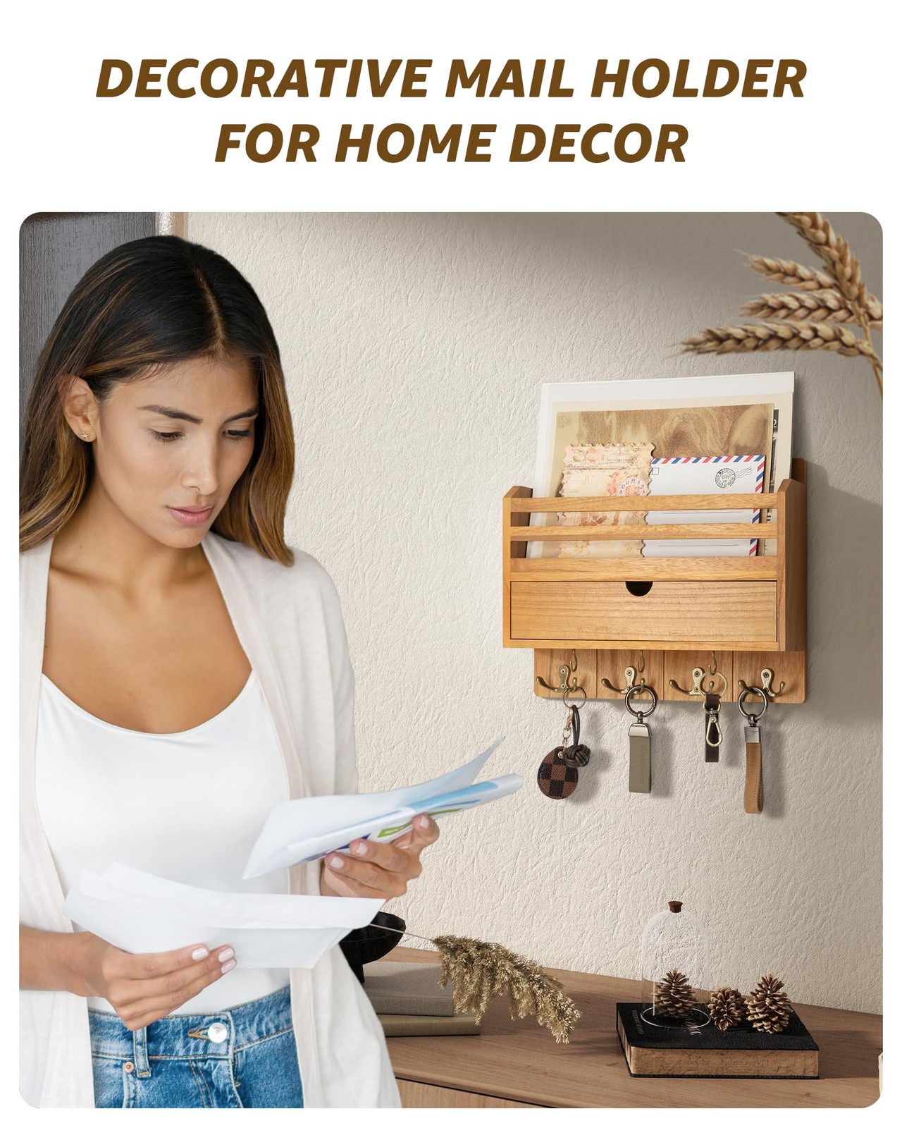 Modern Farmhouse Mail Organizer with Drawer Organizer – Rustic Key and Mail H…