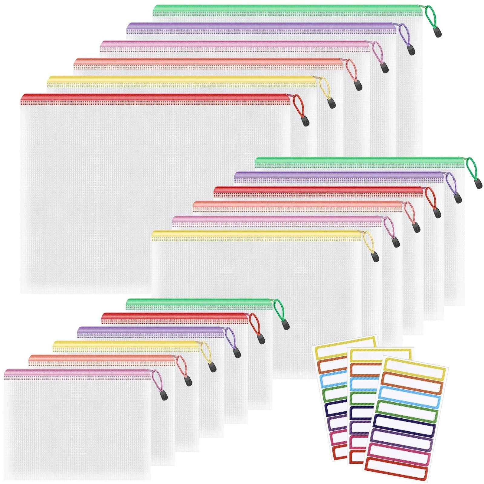Mesh Zipper Pouch Bags A3+A4+A5 6 colors 18 Packs Clear Zipper Pouches Waterp…