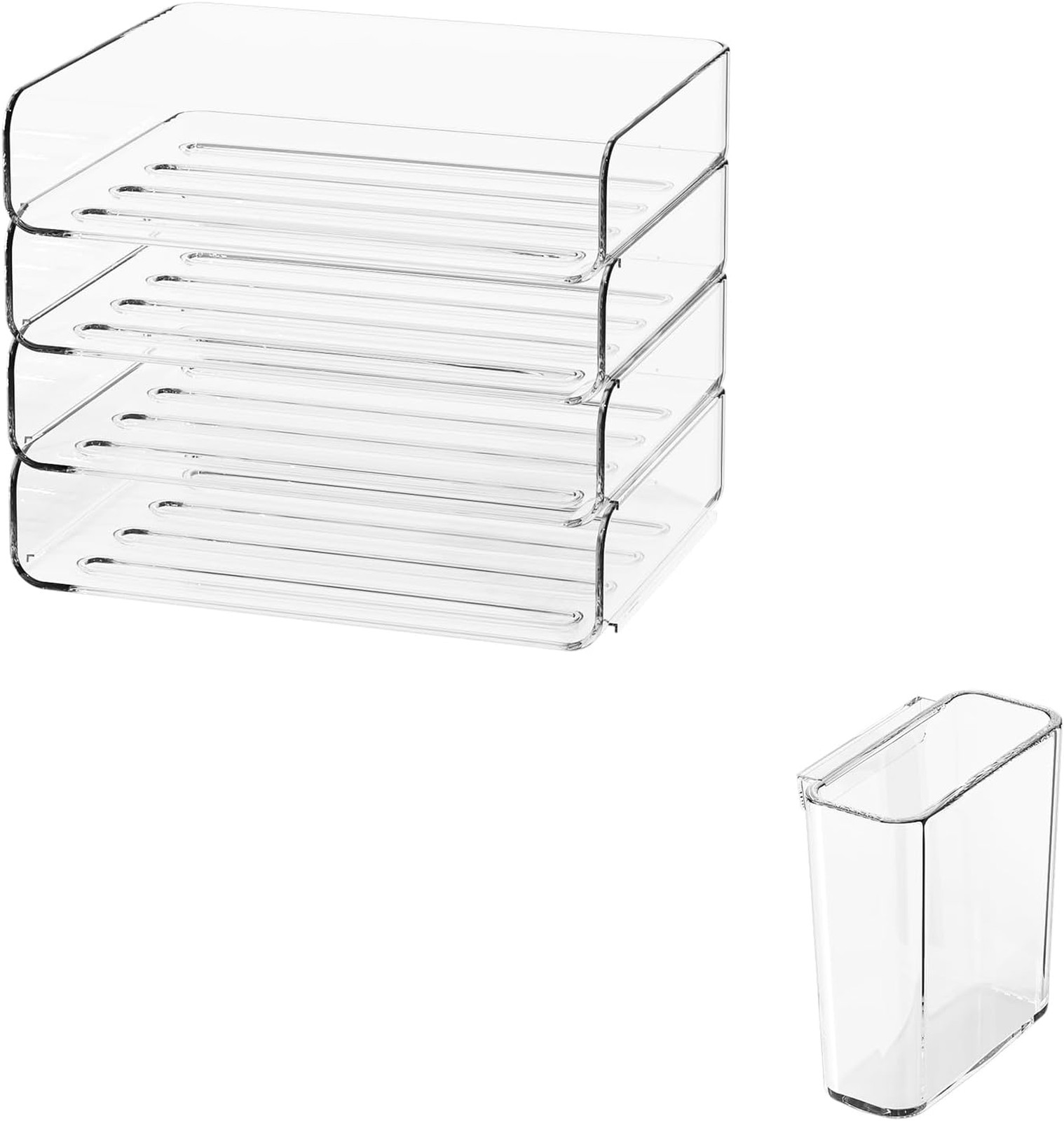 4-Tier Horizontal Acrylic Paper Tray Organizer with Pen Holder, Stackable Desk