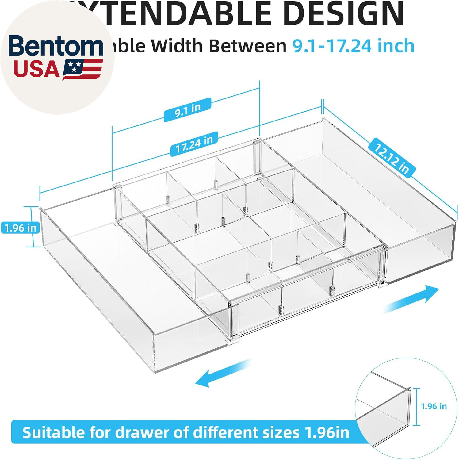 Expandable Desk Drawer Organizer, Clear Plastic Drawer Organizer Tray with 10 Ad