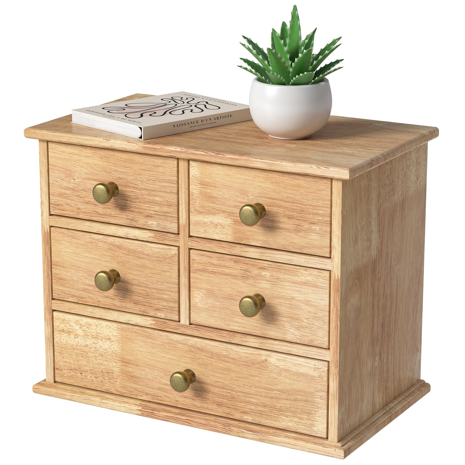 Oak Desk Organizer with Drawers, Wooden Desktop Storage Box with Metal Handle…