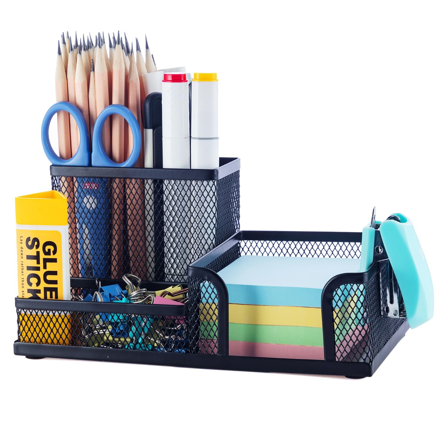 Desk Organizer With Sticky Notes Holder, Metal Mesh Pen Cup Black