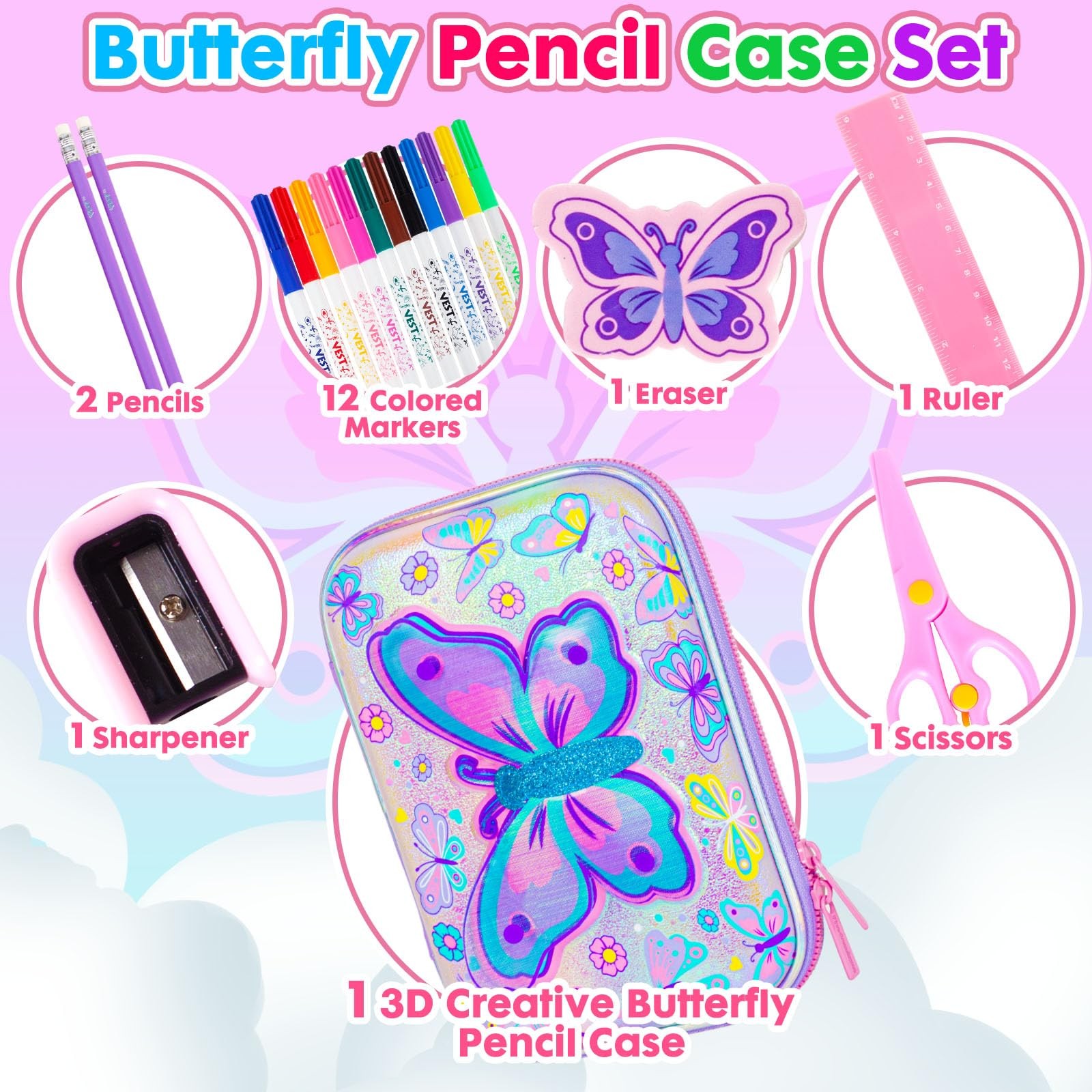 Butterfly Pencil Case Stationery Set for Girls, 3D EVA Big Capacity Cute Penc…