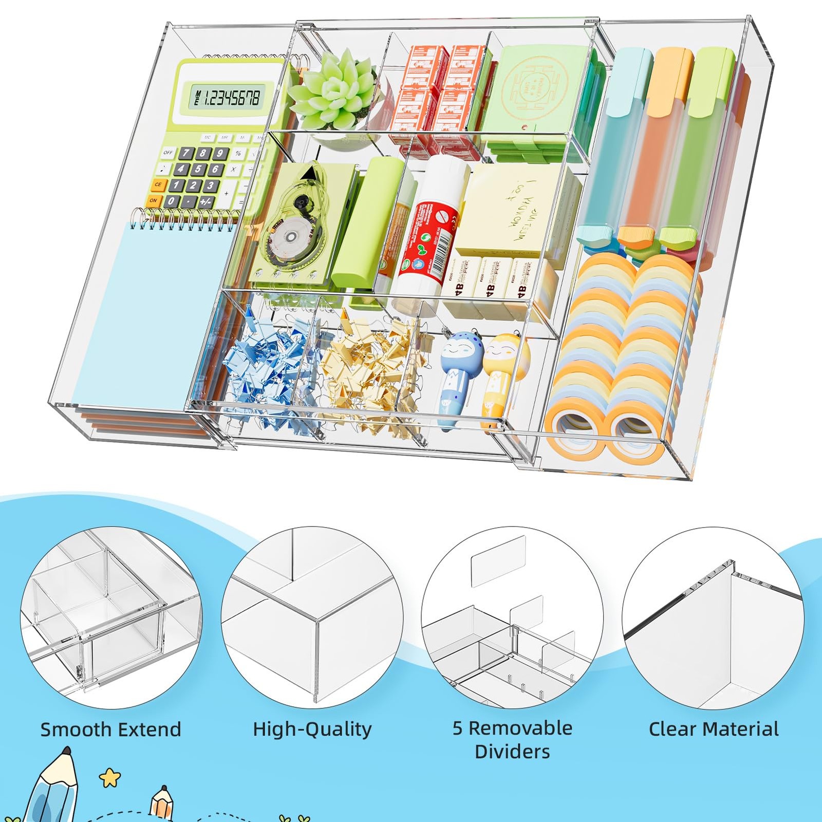 Marbrasse Expandable Desk Drawer Organizer, Clear Plastic