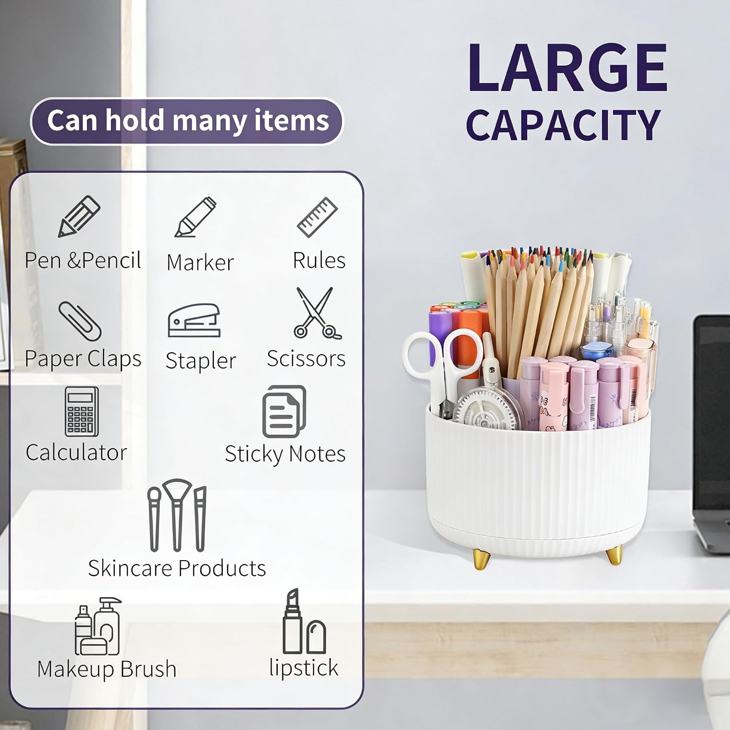 360°Rotating Pen&Pencil Holder for Desk with 5Slots Cute Office | Spacious Beaut