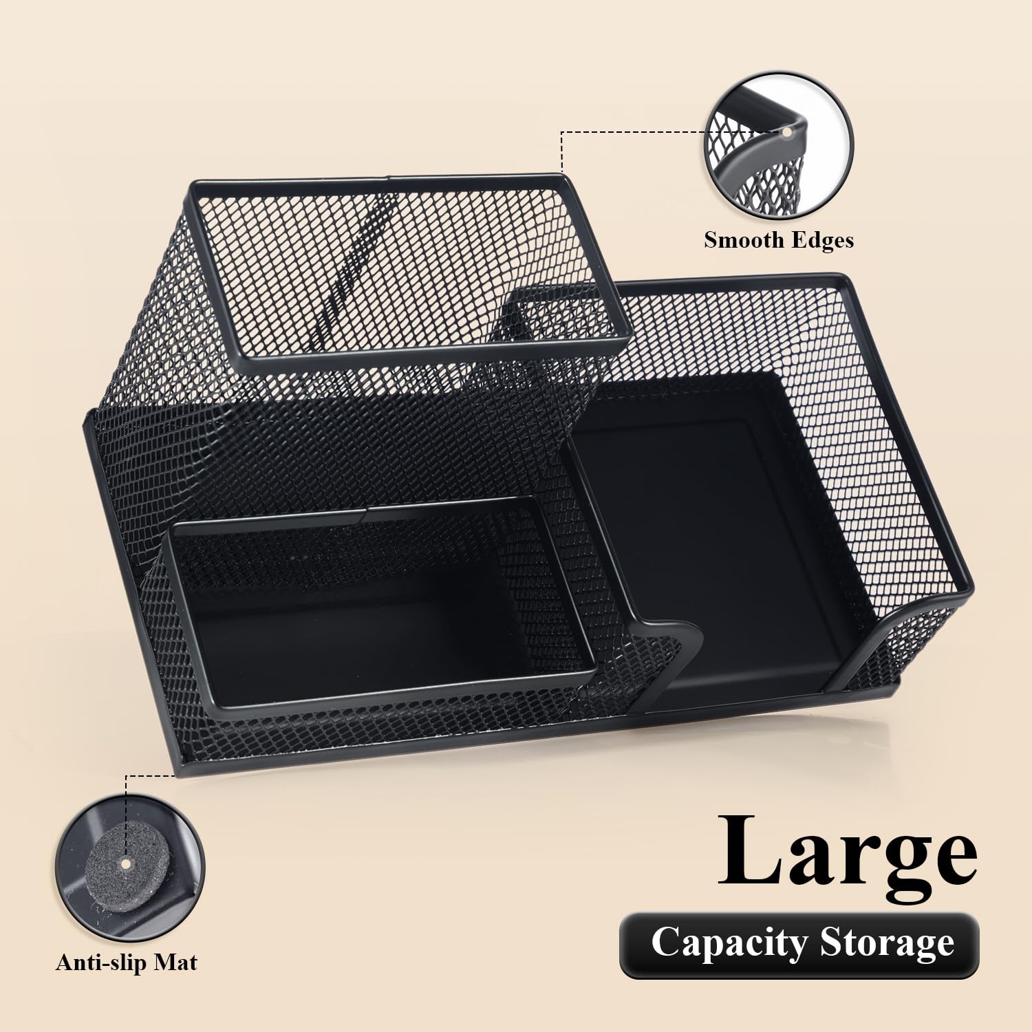 Desk Organizer With Sticky Notes Holder, Metal Mesh Pen Cup Black