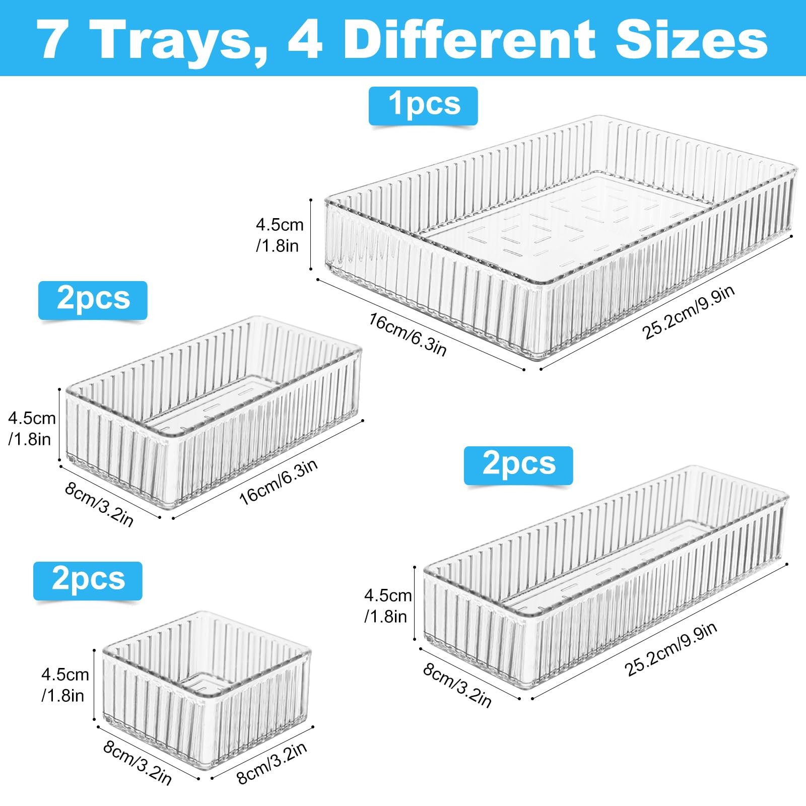 7 PCS Clear 4 Size Stackable Plastic Makeup Drawer Organizer Storage Bins
