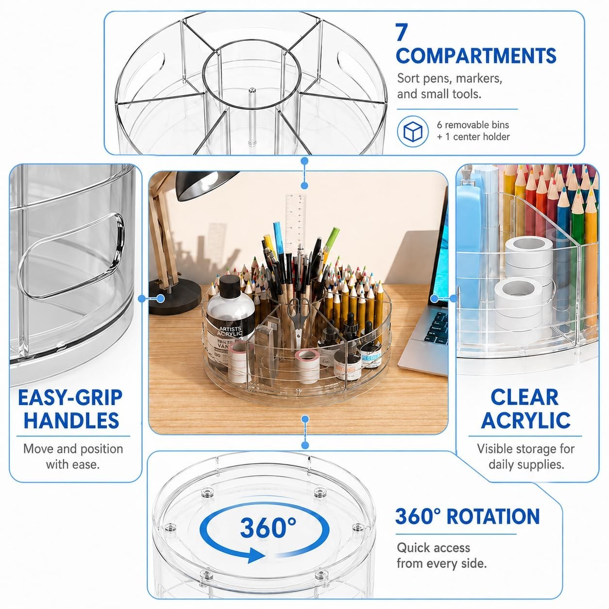 Clear Acrylic Rotating Organizer – 7 Compartment Pen & Art Supply Holder for Des