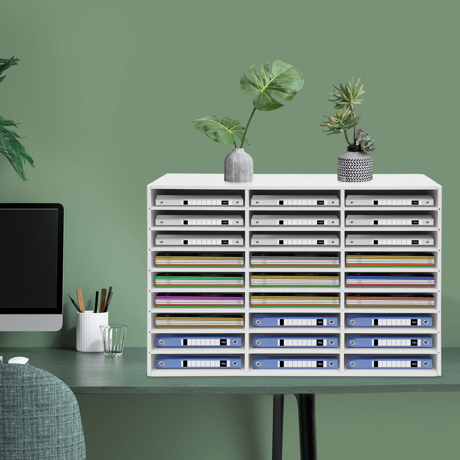 White Desktop Literature Organizer with 27 Compartments for Home or Office