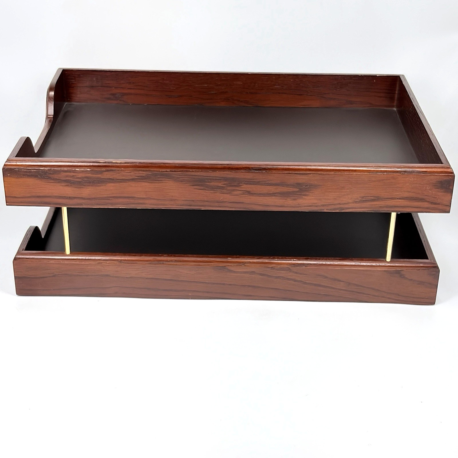 Vintage Eldon Woodline 2500 Two Tier Paper Tray Wood Desk Organizer Brass Tone
