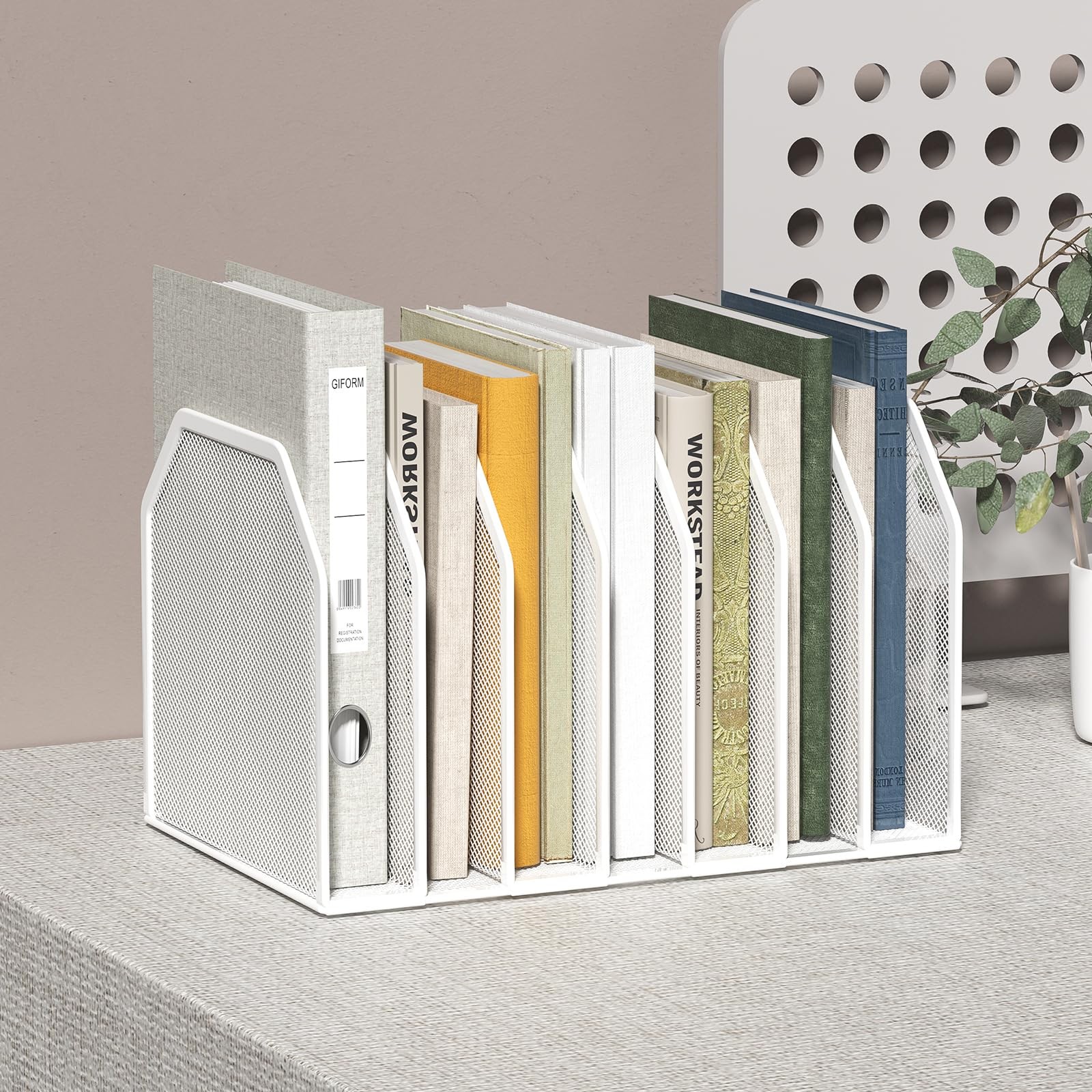 White 5Section Metal Vertical Desk File Folder Organizer Stand 8.5×9.3 Inch