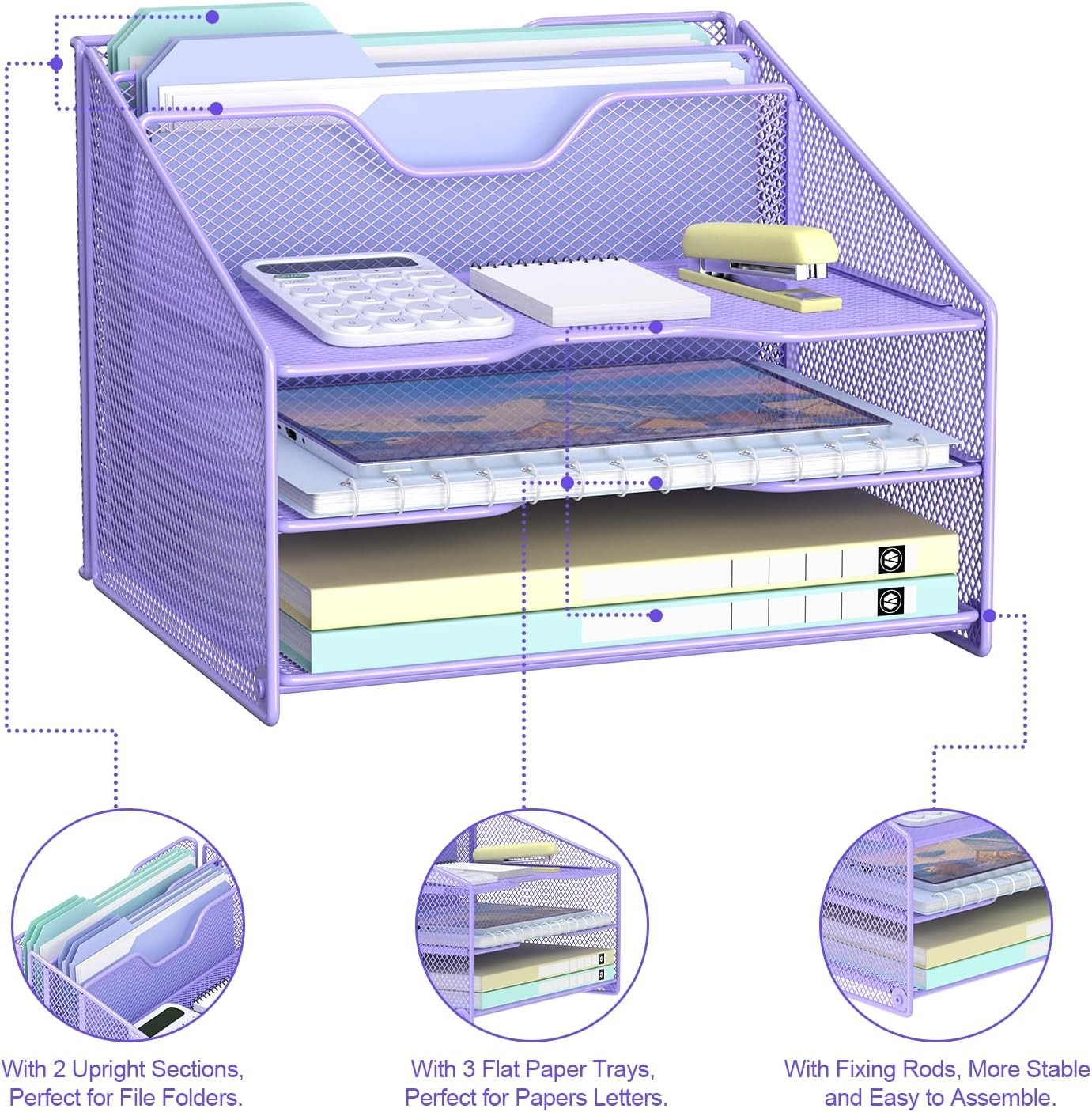 Compact Purple Desk File Organizer: 3-Tier and Vertical Holder for Office Use
