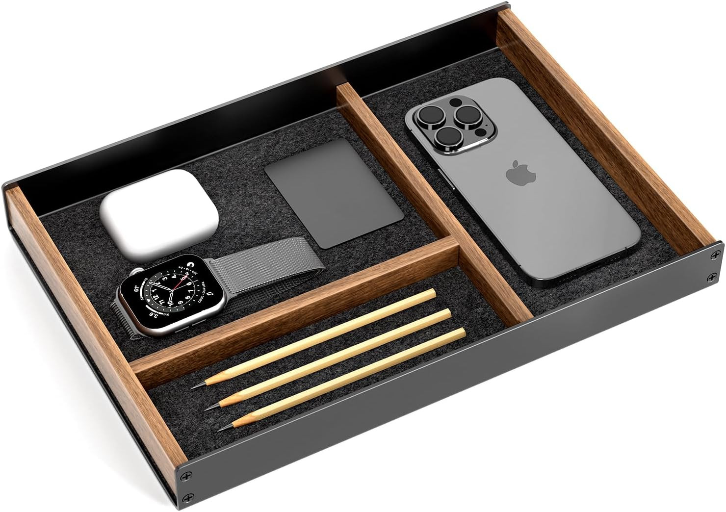 UPERGO Desk Drawer Organizer Tray, Mens Valet Made of Aluminum and Walnut, Aesth