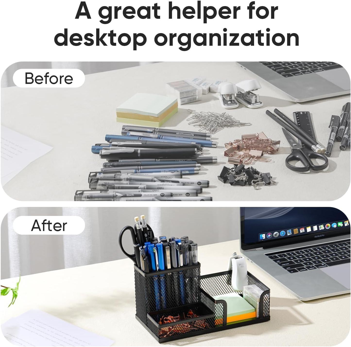 Black Mesh Desk Organizer 3 Compartments Pen Holder Storage for Office Supplies