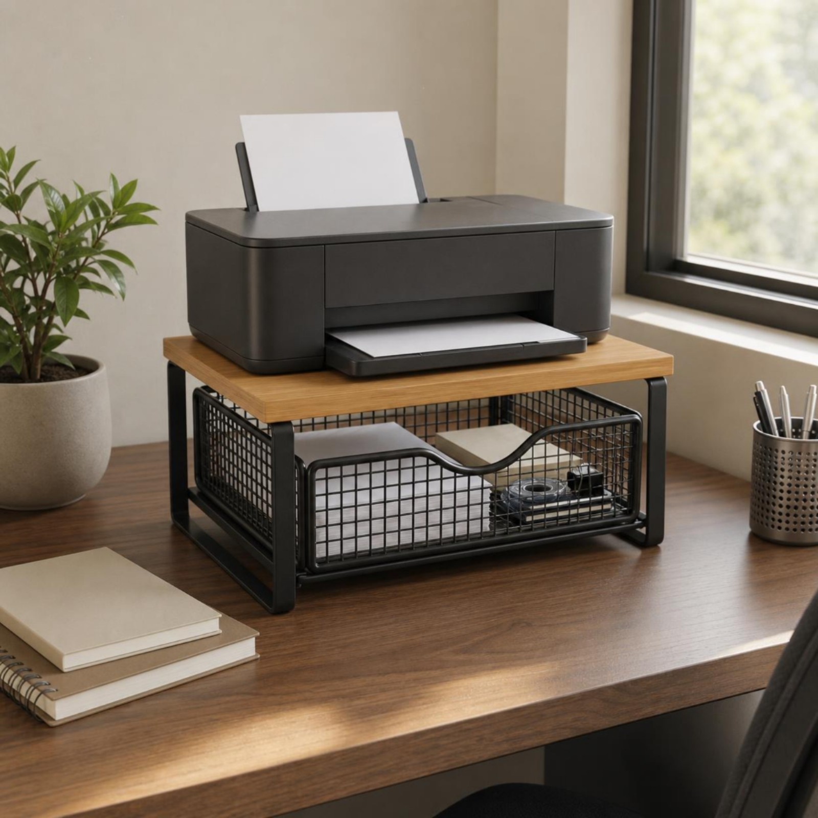 Desktop Storage Rack Wood-Look 2 Tier Desk Shelf Compact