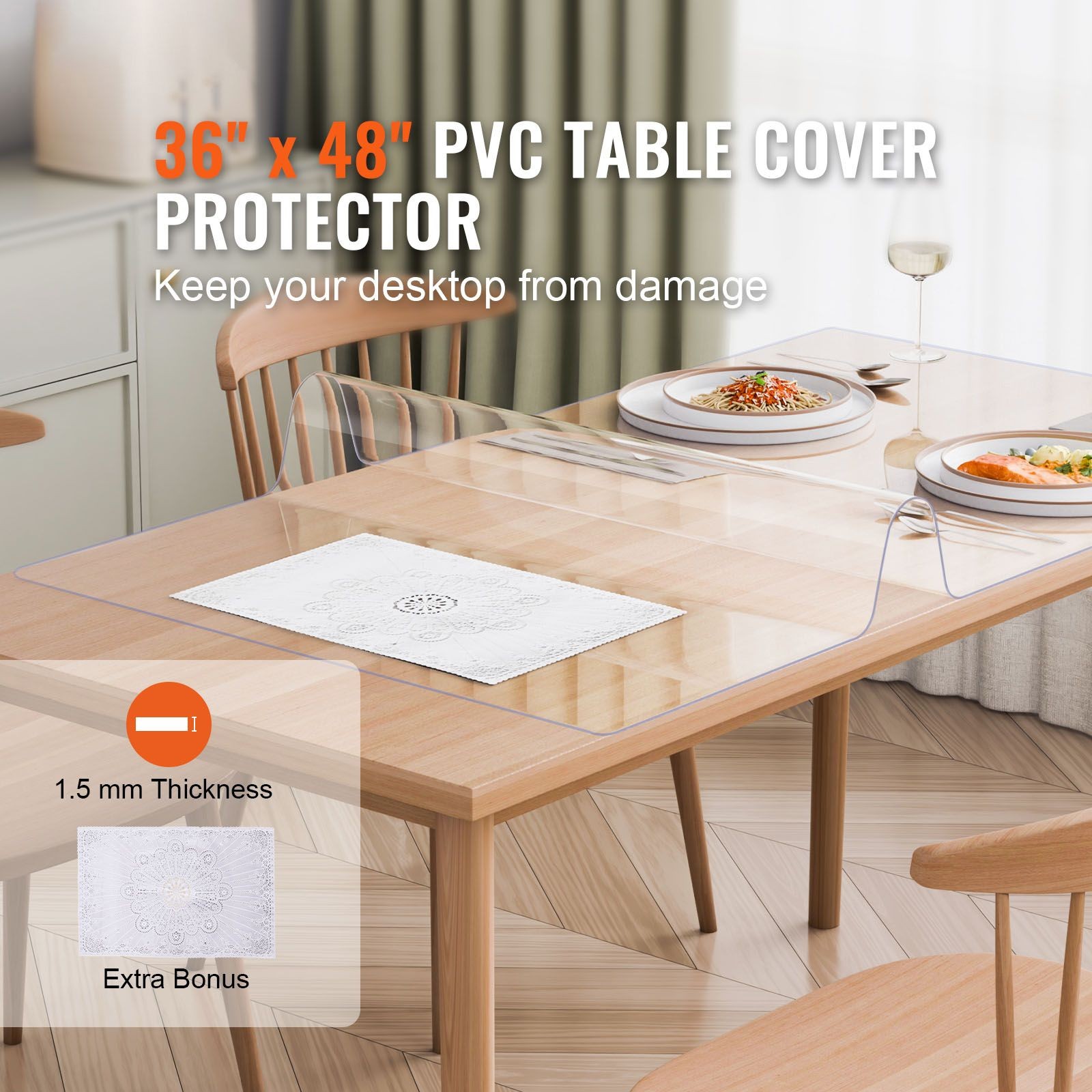 Plastic Table Cover, 36 x 48 Inch 1.5 mm Thick Clear Table Protector, Rectangle