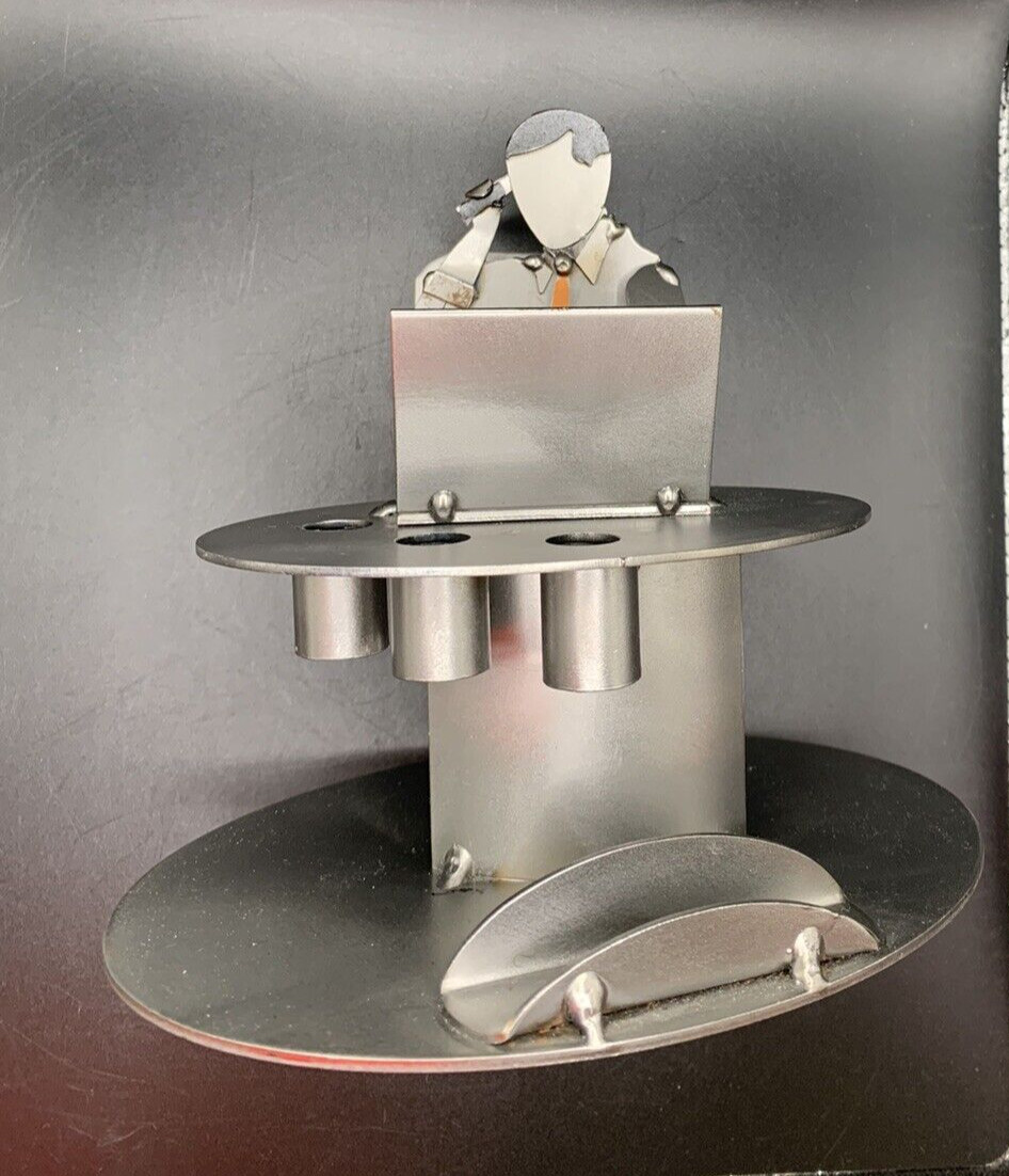 “Man Working at Desk” Desktop Organizer Handmade Welded Steel Metal 5.5 x 6″