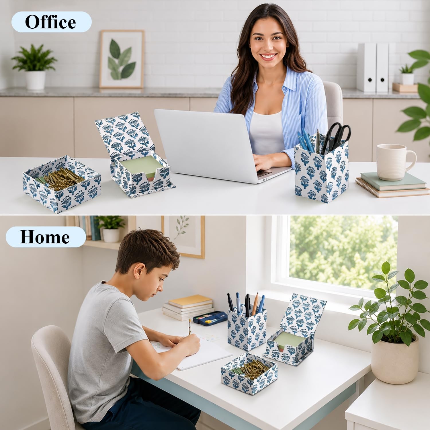 CPC Apatite Blue Block Print Set of 3 Desk Organizer Pen And Sticky Note Hold…