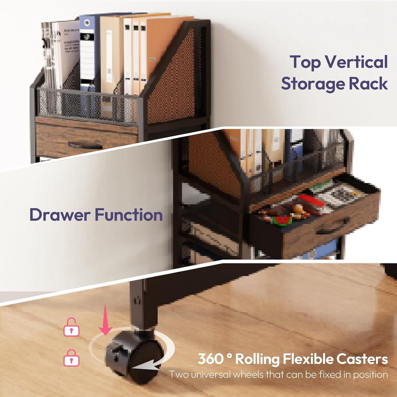 9-Tier Rolling File Cart – Paper Organizer with Drawer and Trays, Wood Desk Offi