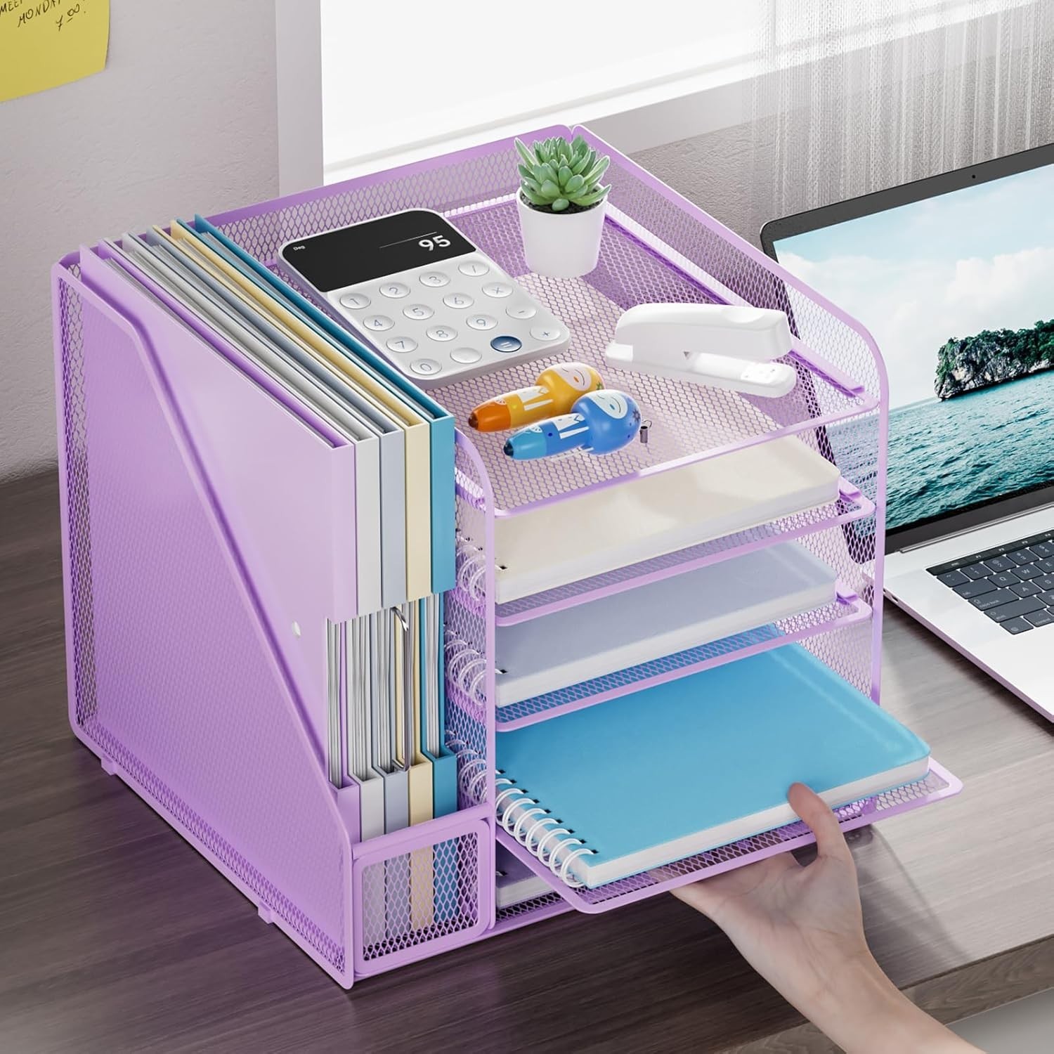 Elegant 5-Tier Purple Letter Tray with Integrated File Holder for Offices
