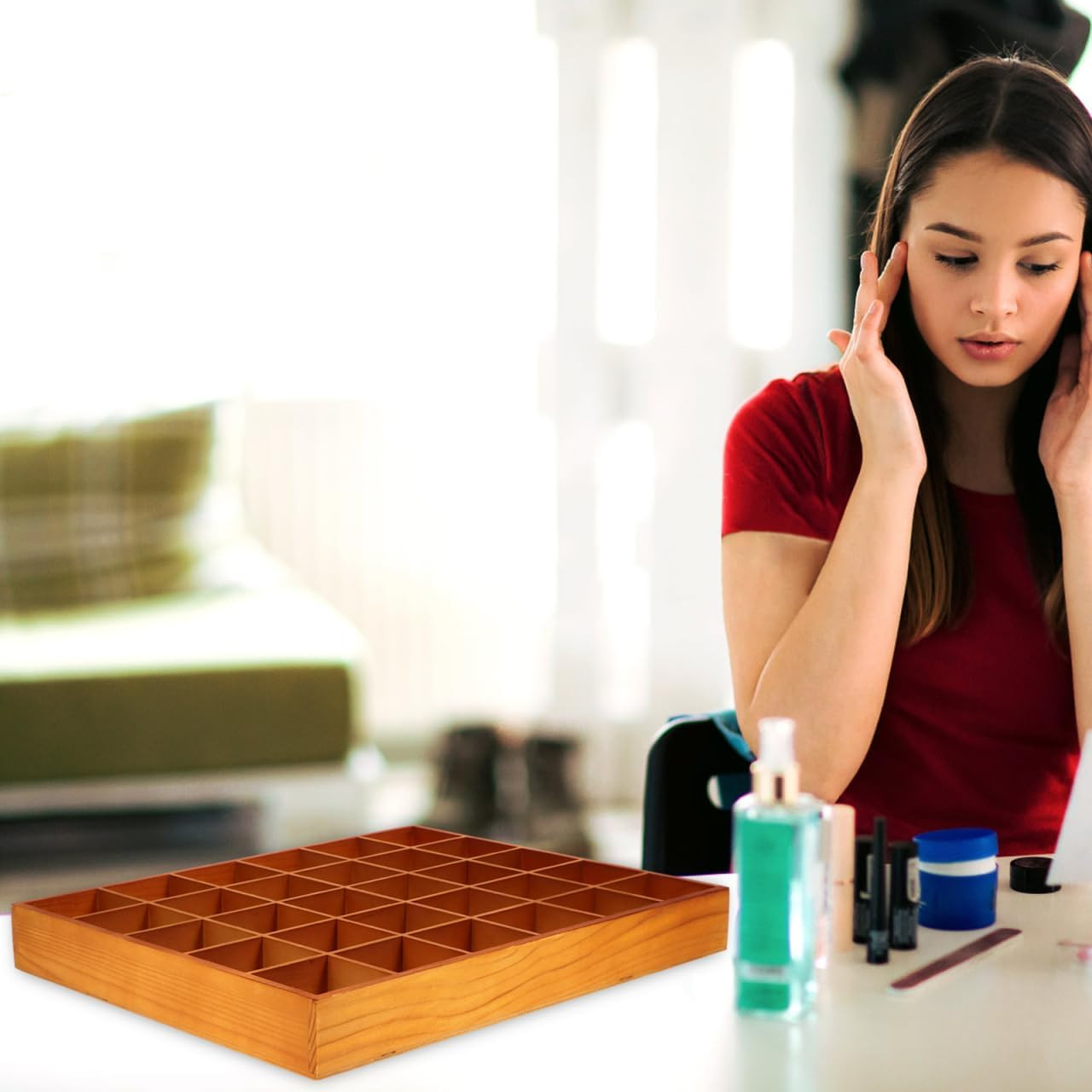 Wooden Sorting Tray Organizer with 30 Compartments – Brown Finish