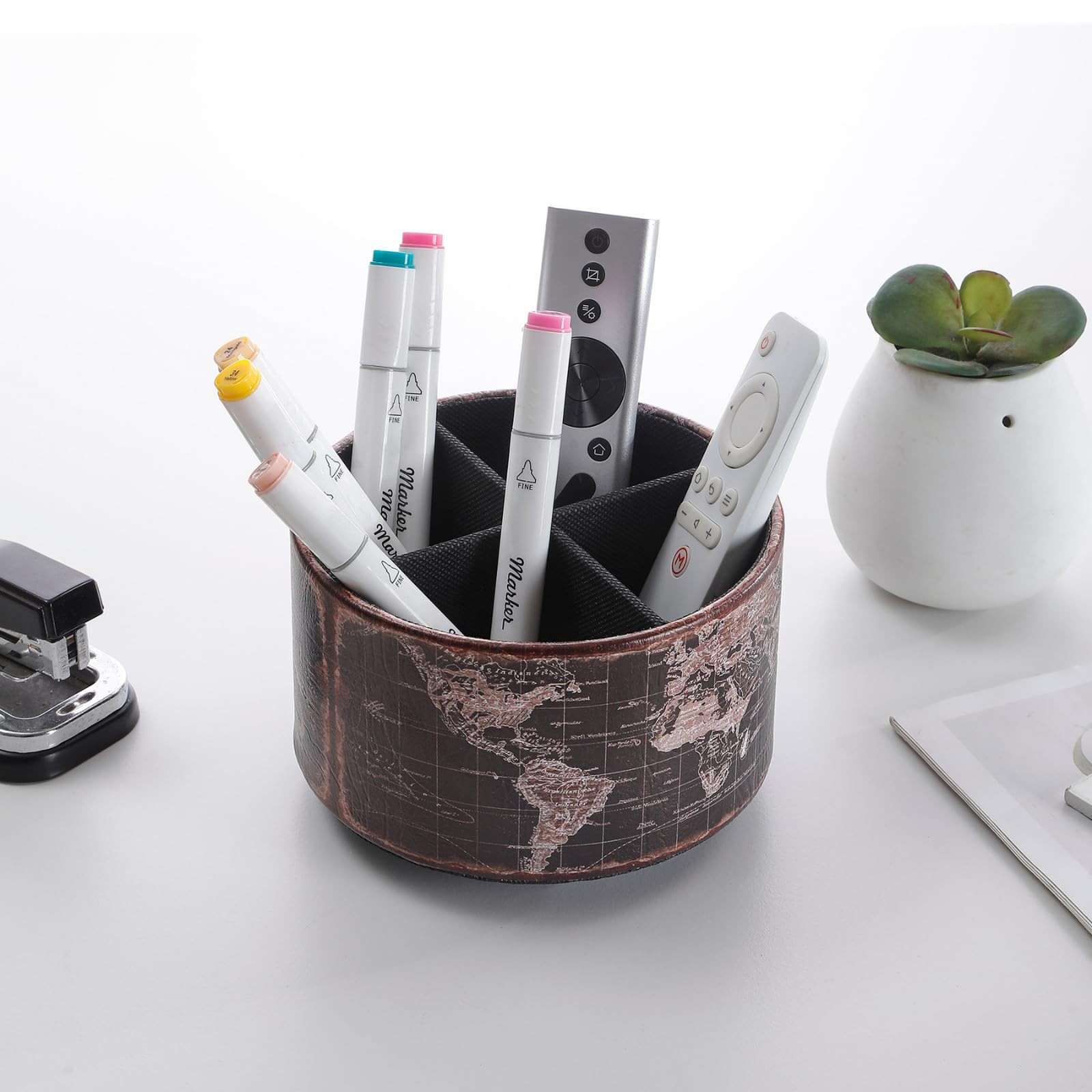 Vintage World Map Remote Control Holder, 360 Degree Rotating Desk Organizer a…