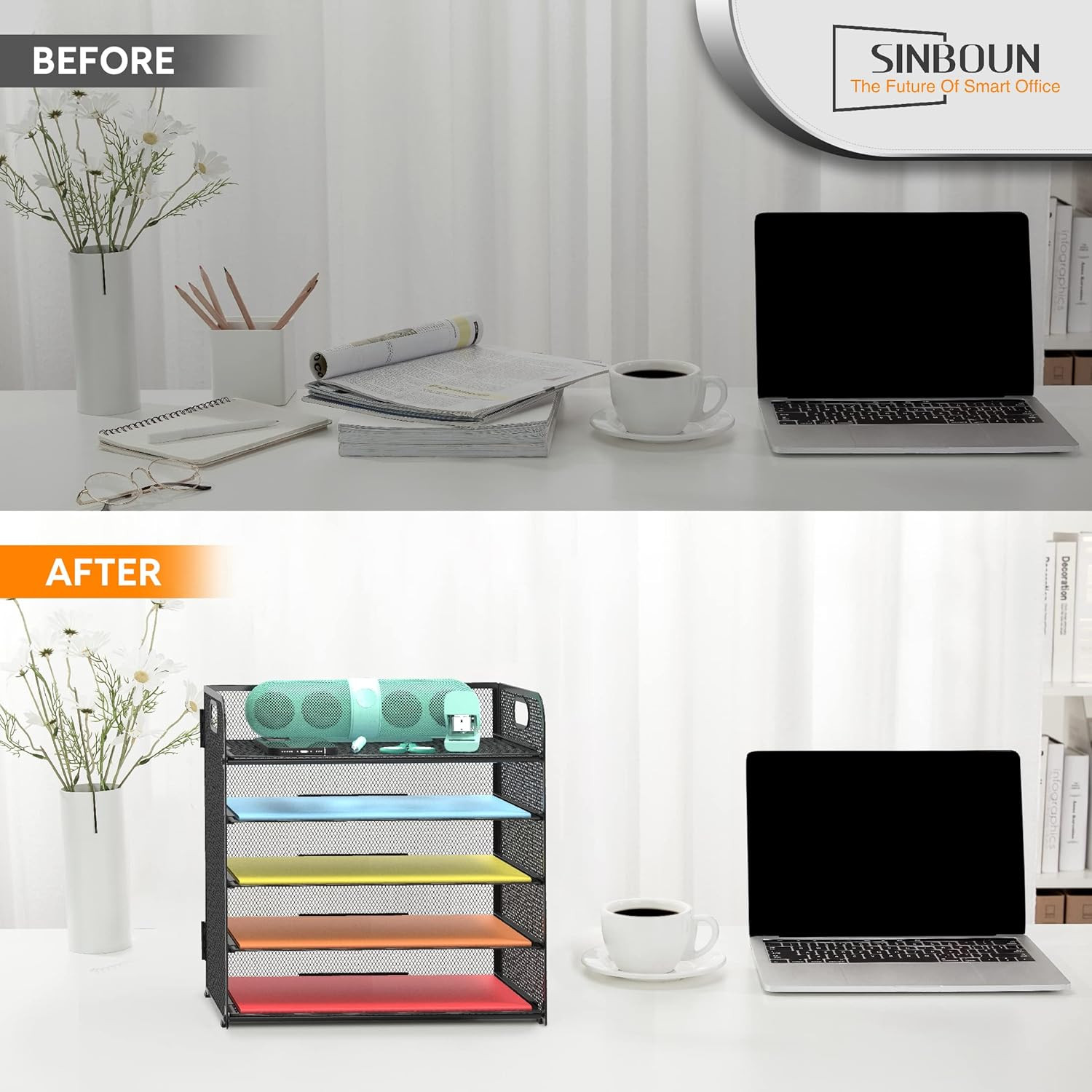 5-Tier Metal Letter Tray Organizer with Handle – Black Desktop File Holder
