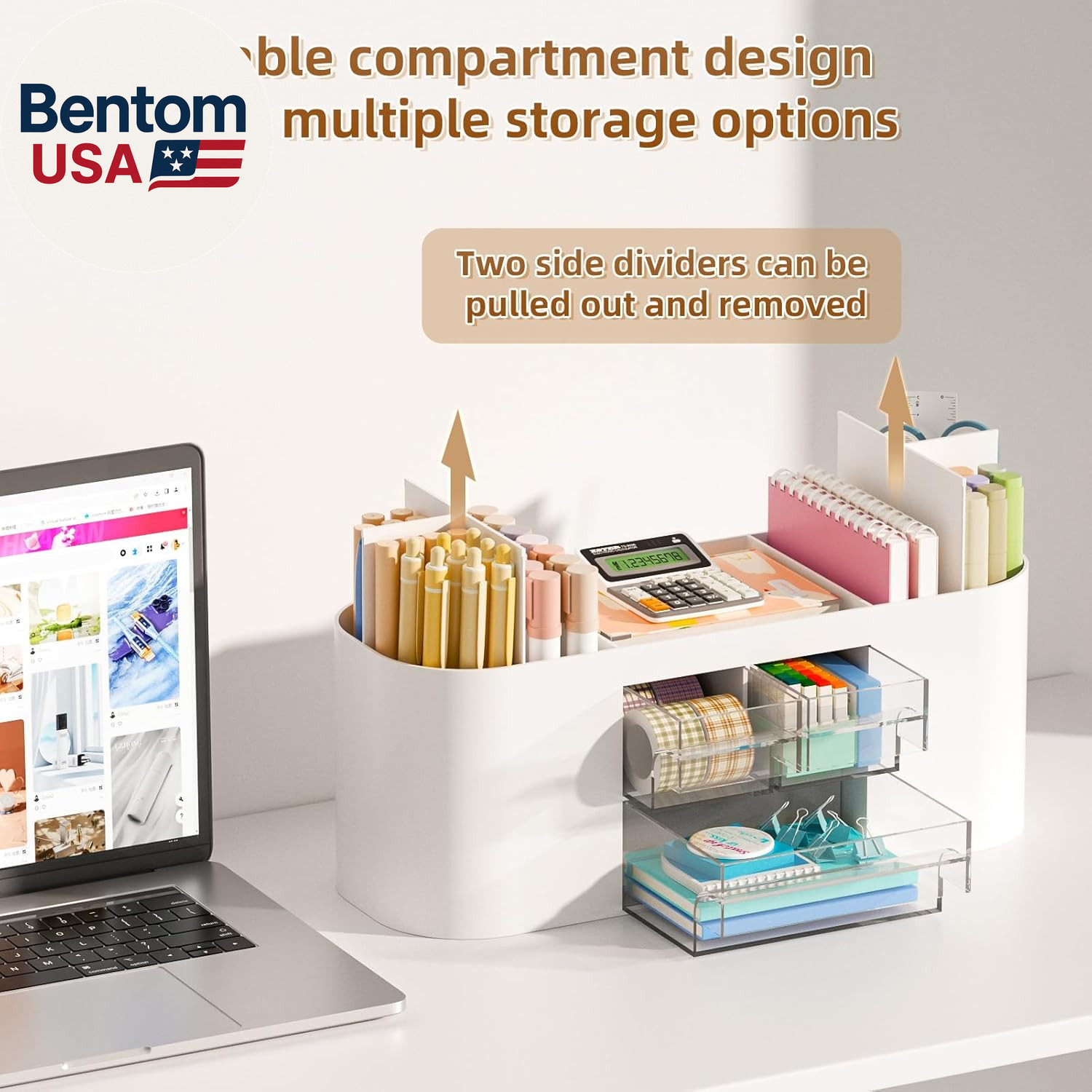 Desk Organizer Pen Holder for Desk with 3 Drawers, Multi-Functional Pencil Holde