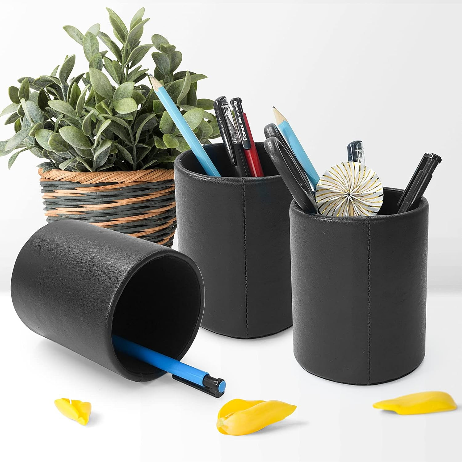 Leather Pencil Holder Pen Cup Desk Organizer Round Black 3.5×4