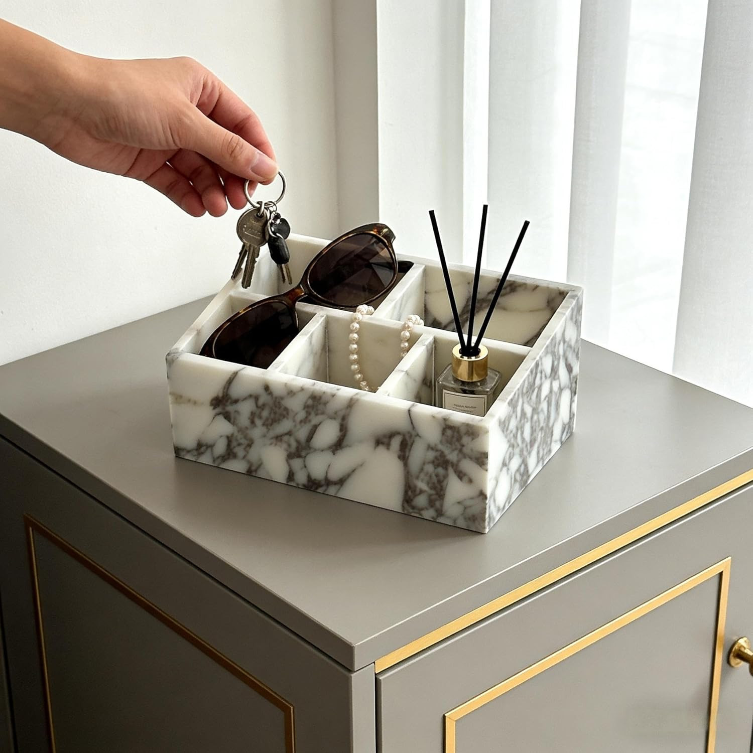 Elegant Marble Desk Organizer with 2 Compartments for Office & Makeup Storage