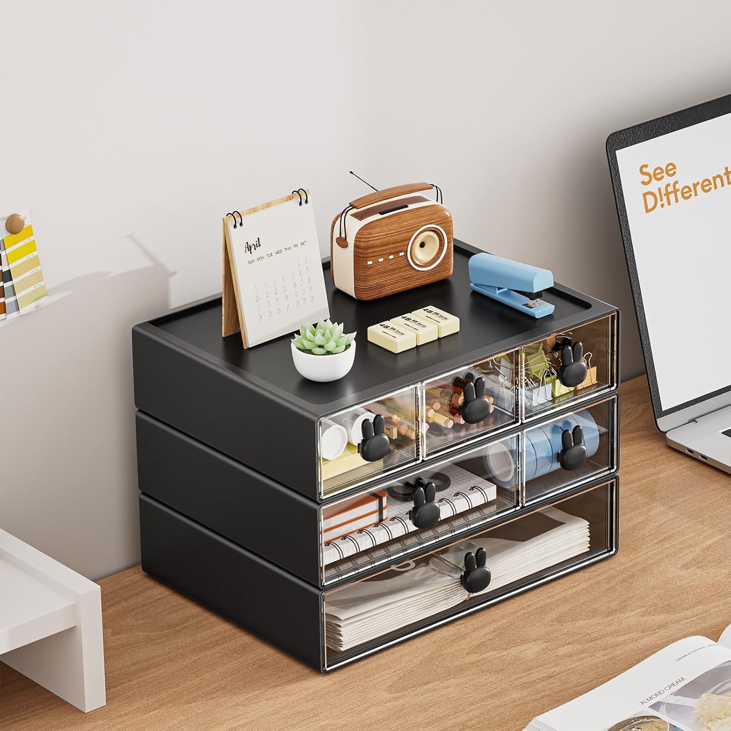 Desk Organizer with 6 Drawers – 3 Tier Stackable Desktop Storage Drawers (BLACK)