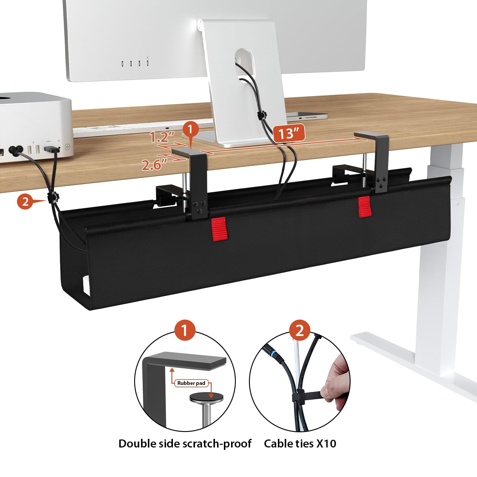 Univivi No Drill Under Desk Cable Management Tray, 28″ 28″L x 5.5″W, Black