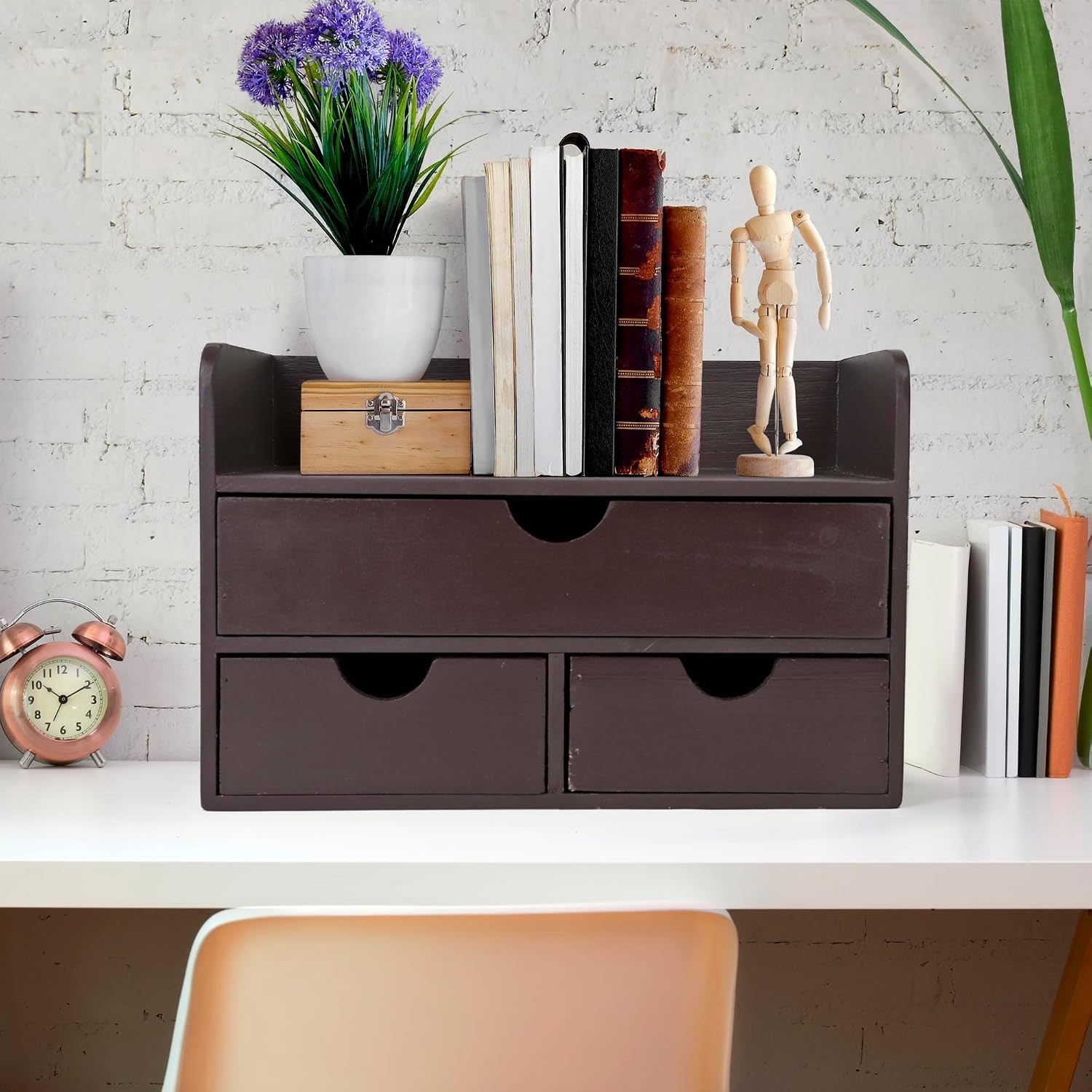 Elegant Vintage Wooden Desk Organizer – 3 Drawers & Top Shelf – Dark Brown