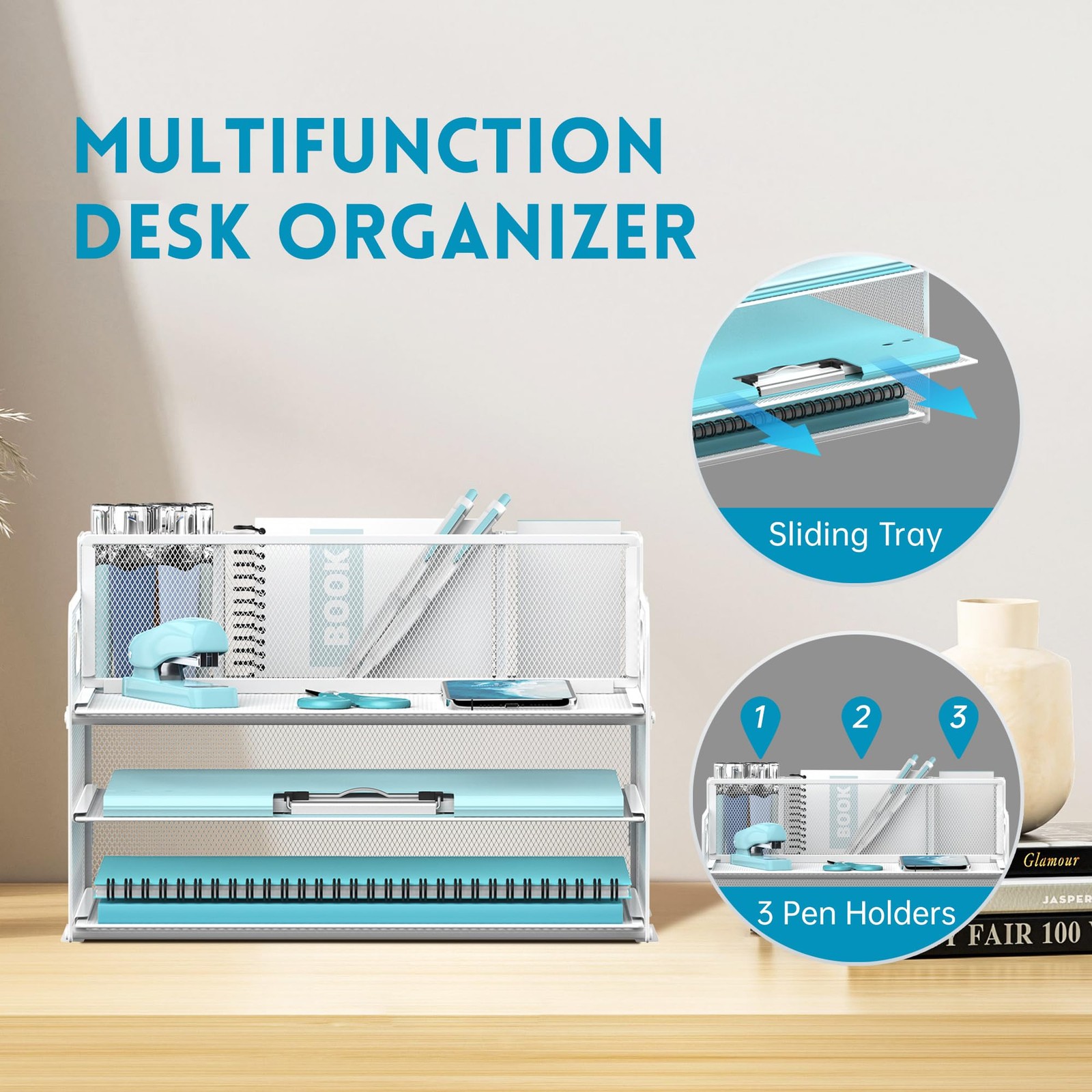 JMHUD 3 Tier Paper Letter Tray Organizer with Pen Holder for 1 Pack, White