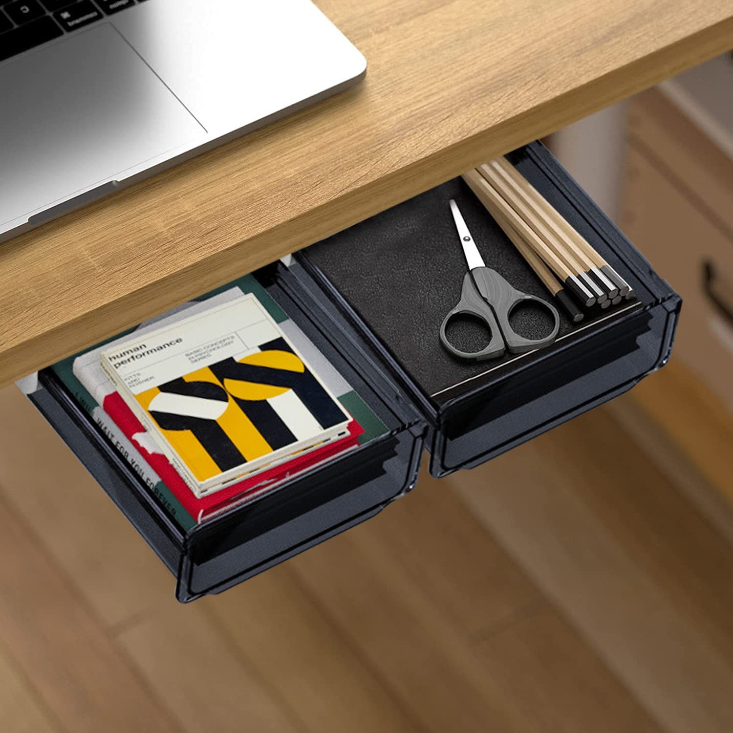 Self-adhesive Under Desk Drawer Organizer, 2 Pack Table Hidden Slide Out Larg…