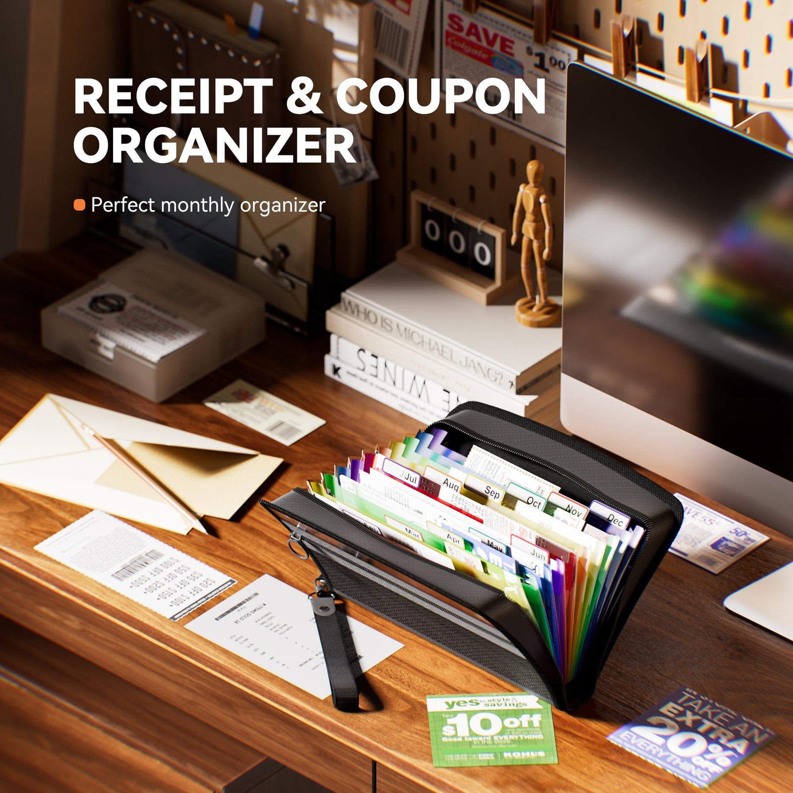 ThinkTex Receipt Coupon Organizer, 12 Pockets Small Accordion File Black