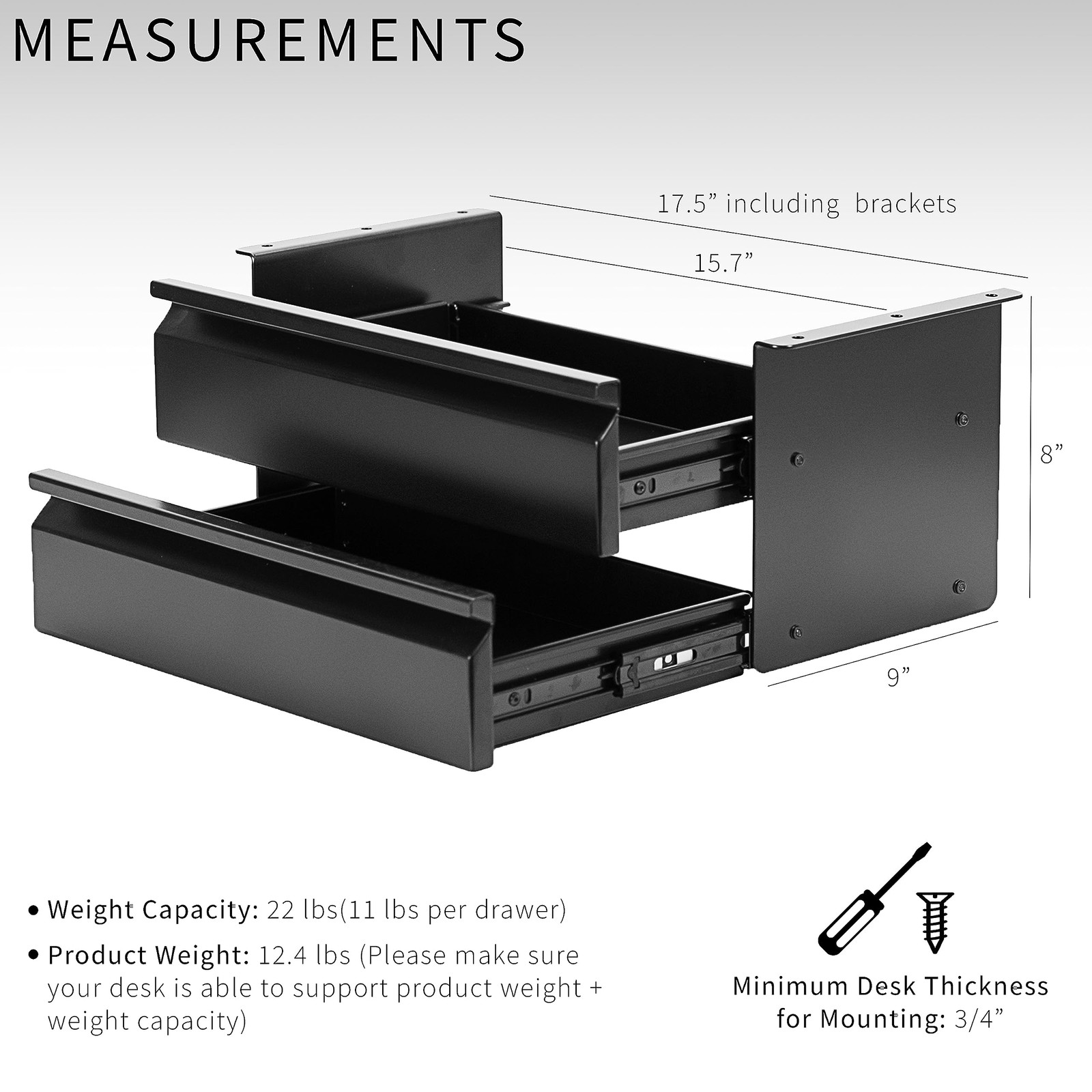 16 inch Slide Out Dual Tier Desk Drawer, Under Desk 2 Layer Storage, Black, D…