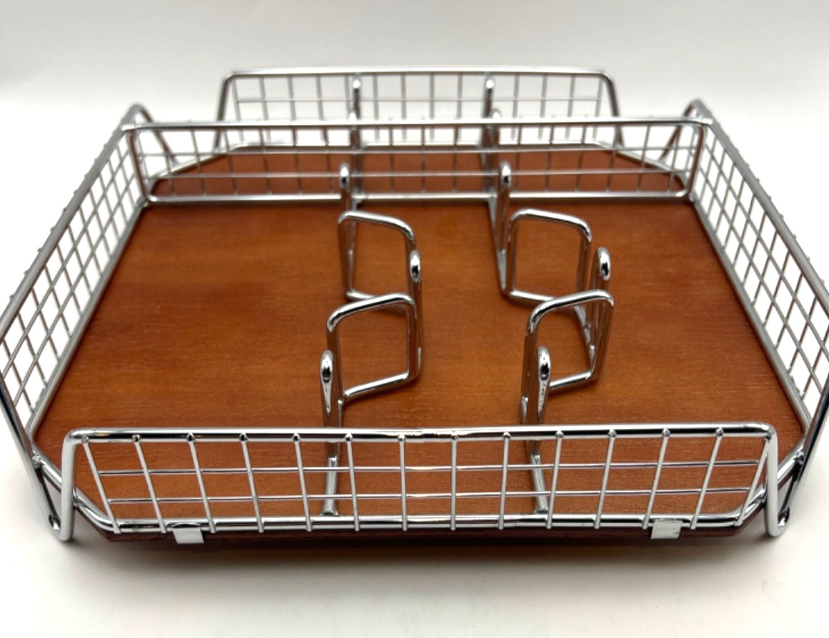 Chrome Wire Letter Mail Organizer w/ Wood Base Desktop File Sorter Office